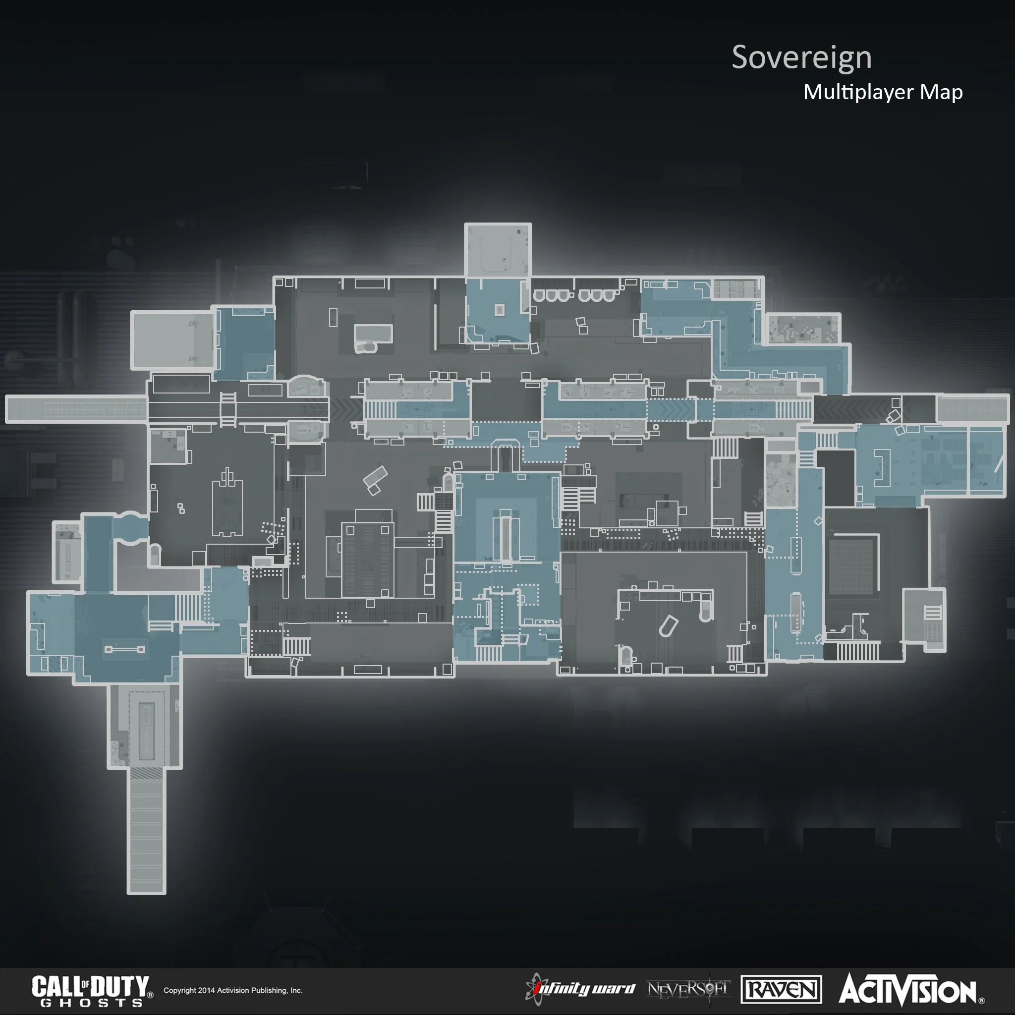 Multiplayer map layout for Call of Duty: Ghosts titled 'Sovereign.' The map shows various rooms, corridors, stairs, and designated areas in a building, with colored highlights indicating different zones or levels.