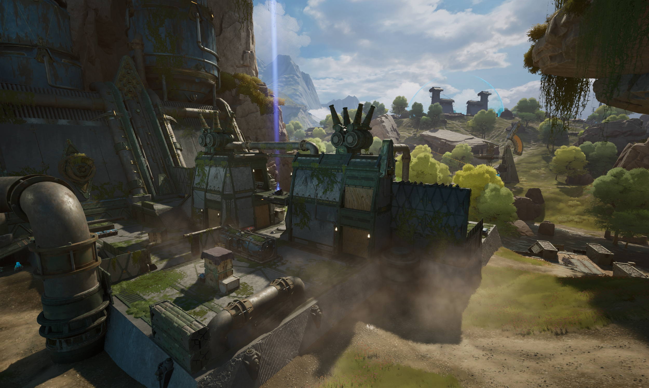 Futuristic industrial building set in a lush, green landscape with trees and rocky hills, featuring pipes, structures, and machinery.