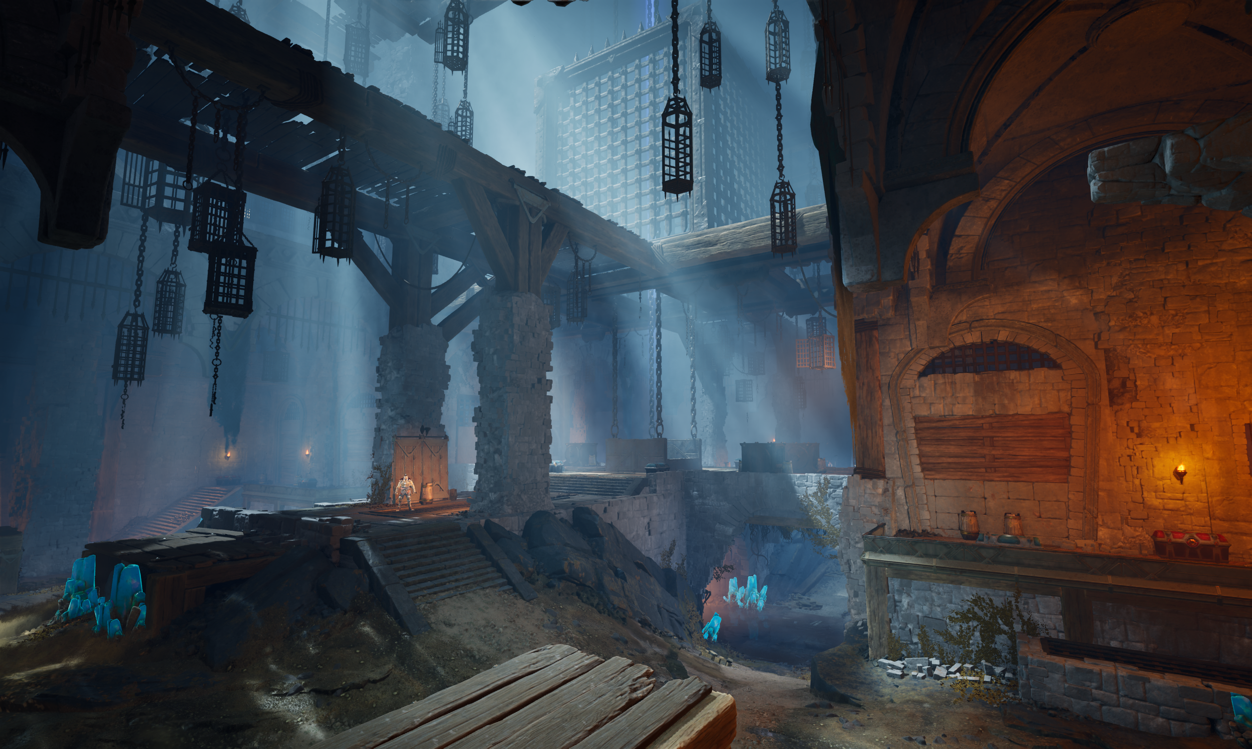 A digital fantasy scene depicting a fantasy fortress or castle with glowing blue crystals, stone walls, bricked archways, wooden platforms, and hanging lanterns, illuminated by a combination of natural and warm lighting.