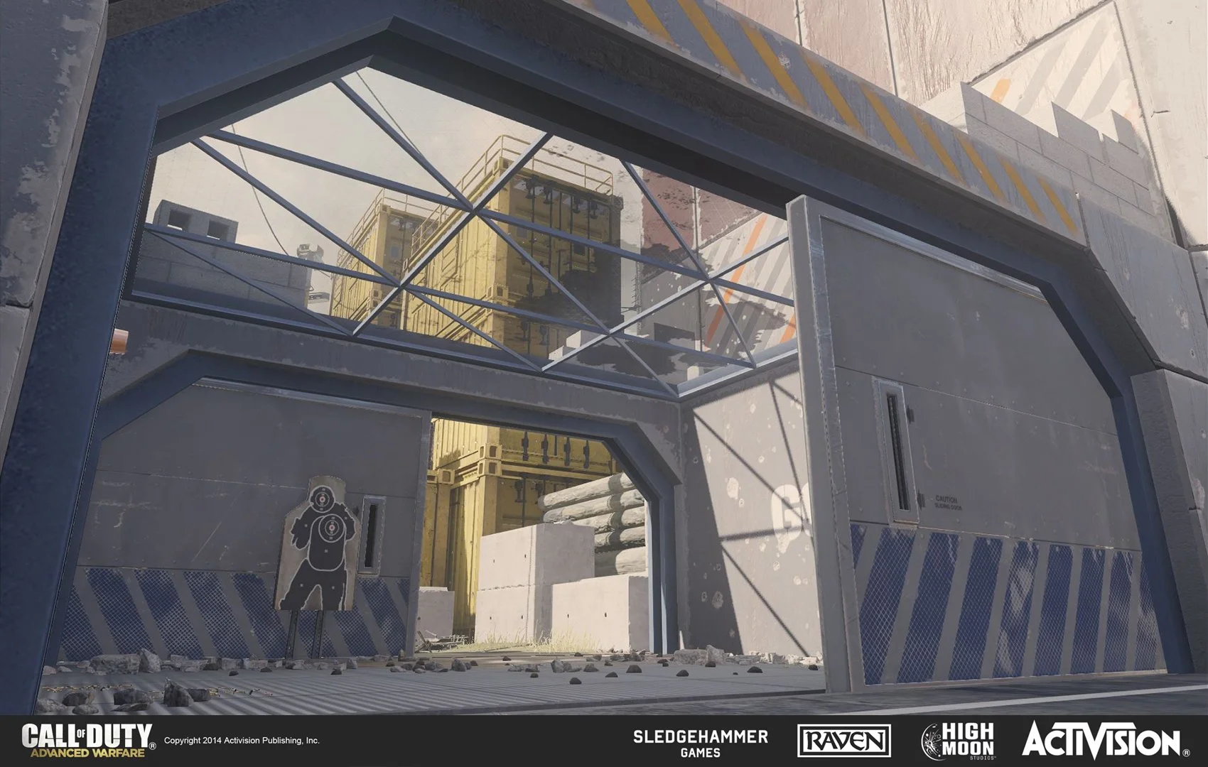 In-game scene from Call of Duty: Advanced Warfare, showing a concrete and metal industrial exterior with a figure target practice silhouette on the wall, and industrial structures reflected in a large window.