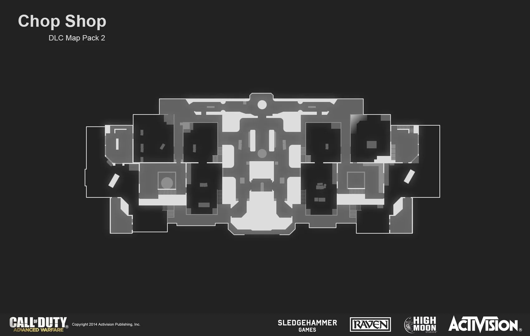 Black and white map layout of a game level from Call of Duty: Advanced Warfare, titled 'Chop Shop,' part of DLC Map Pack 2, featuring various rooms and pathways.