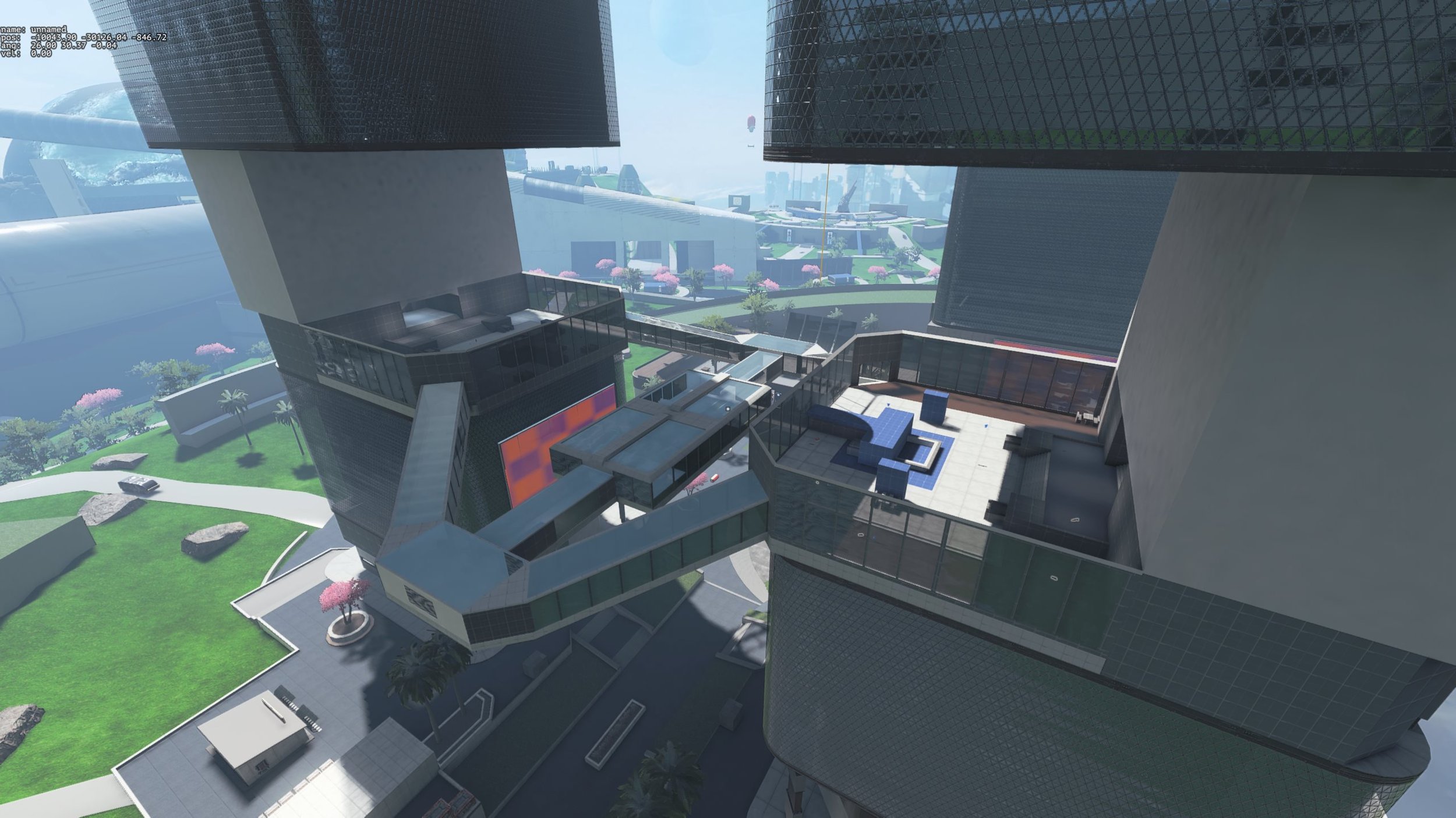 A digital rendering of a modern cityscape with tall, glass-covered skyscrapers and a rooftop area with outdoor furniture, overlooking a landscaped park with pink flowering trees and pathways.