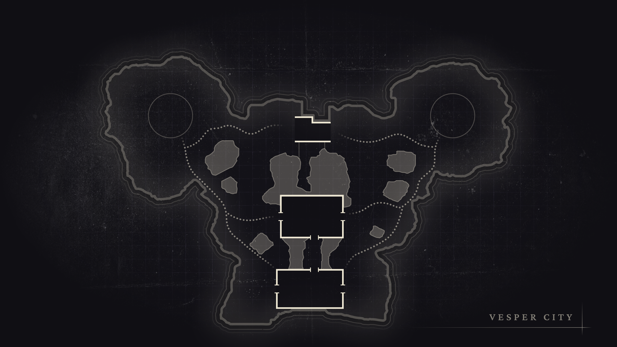 A dark, stylized map of Vesper City from a video game, showing various buildings and pathways with a minimalist design.