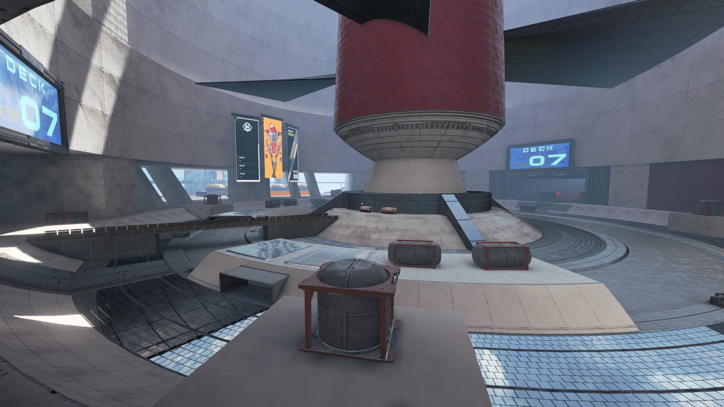 Interior of a futuristic space station or spaceship hangar with a large red and gray structure at the center, surrounded by metallic walkways and screens displaying the word 'DECK 07'.