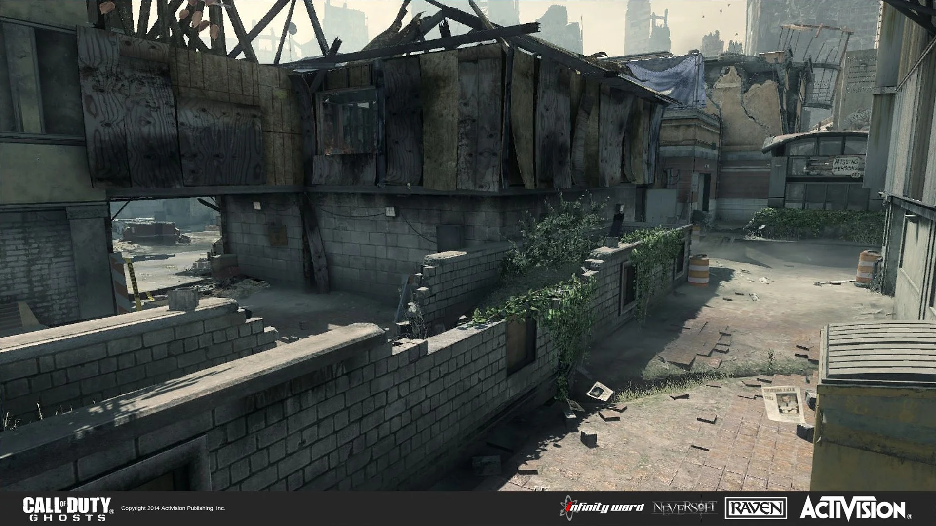 A digitally rendered scene of a damaged urban area with destroyed buildings, debris, and construction barrels, suggestive of post-apocalyptic or war-torn environment from a video game.