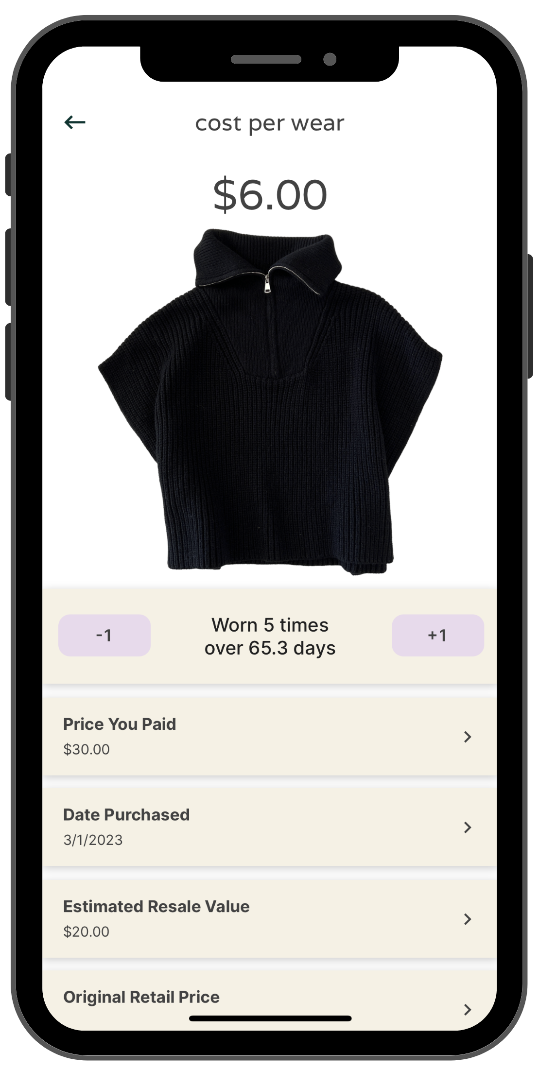 Indyx App Cost-per-Wear Tracker