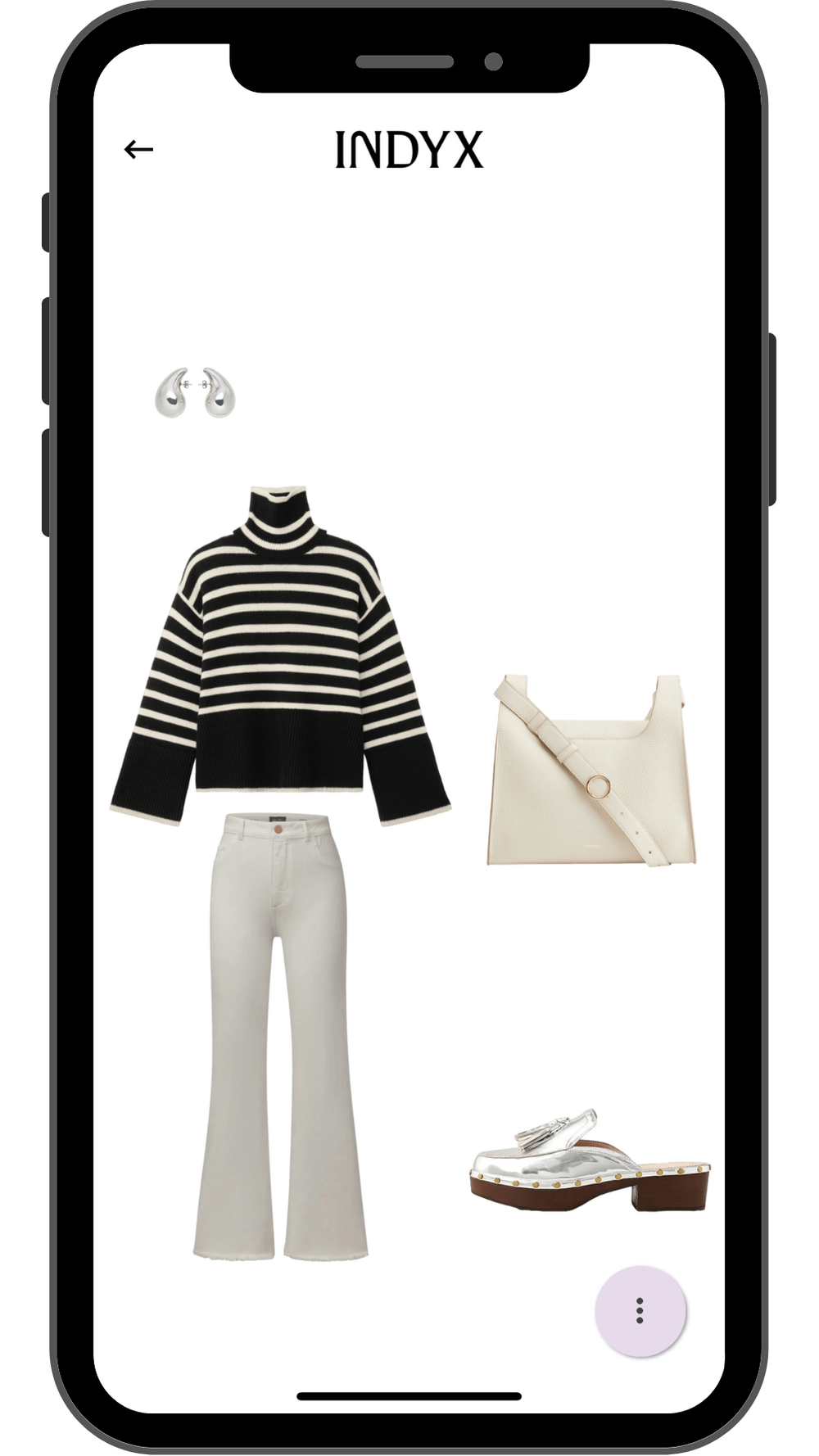  An Indyx outfit board screenshot with a striped sweater, white jeans, silver clogs and a white crossbody bag 