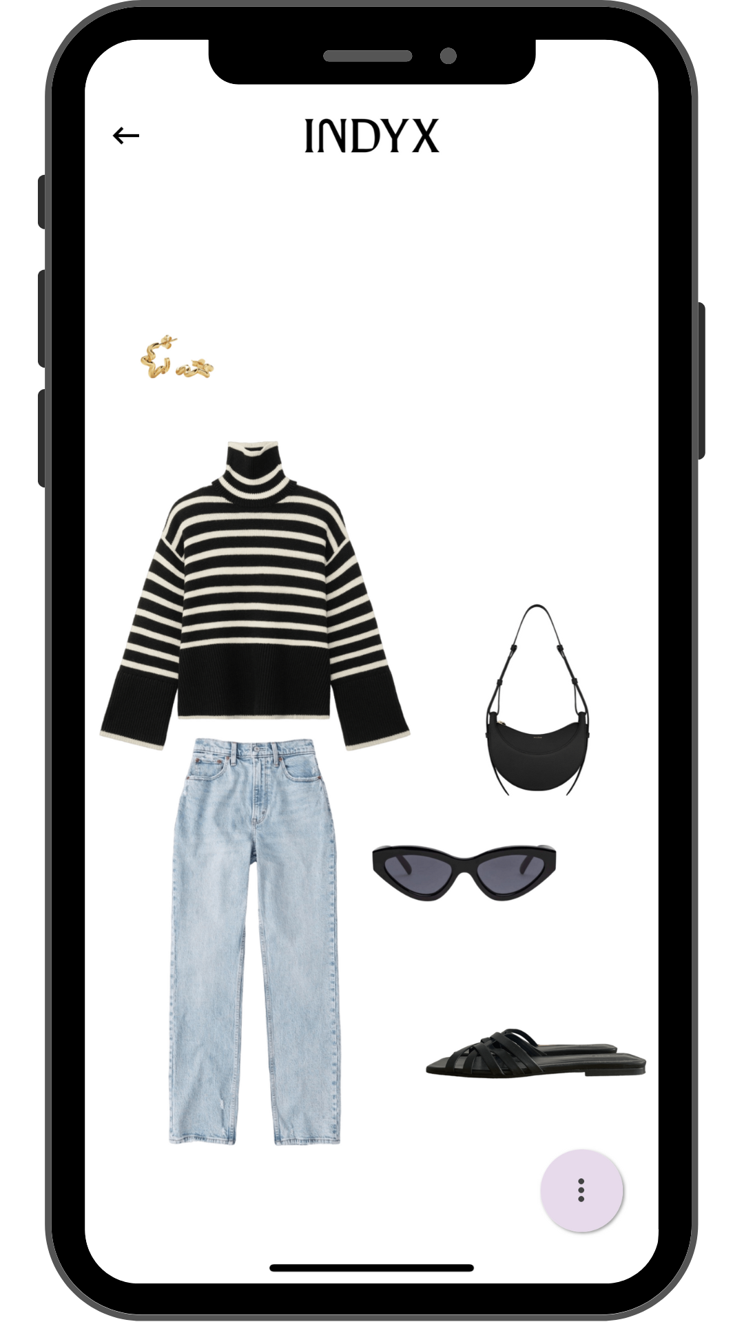  An Indyx outfit board app screenshot with a striped sweater, light wash straight jeans, black sunglasses, black flat sandals, a black shoulder bag, and gold squiggly hoop earrings. 
