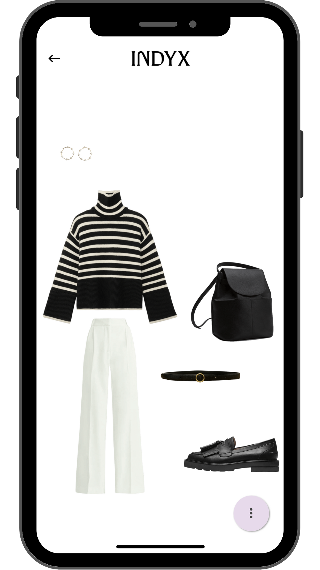  An Indyx outfit board app screenshot with a striped sweater, white trousers, black loafers, a black belt, a black backpack and gold and pearl hoop earrings. 