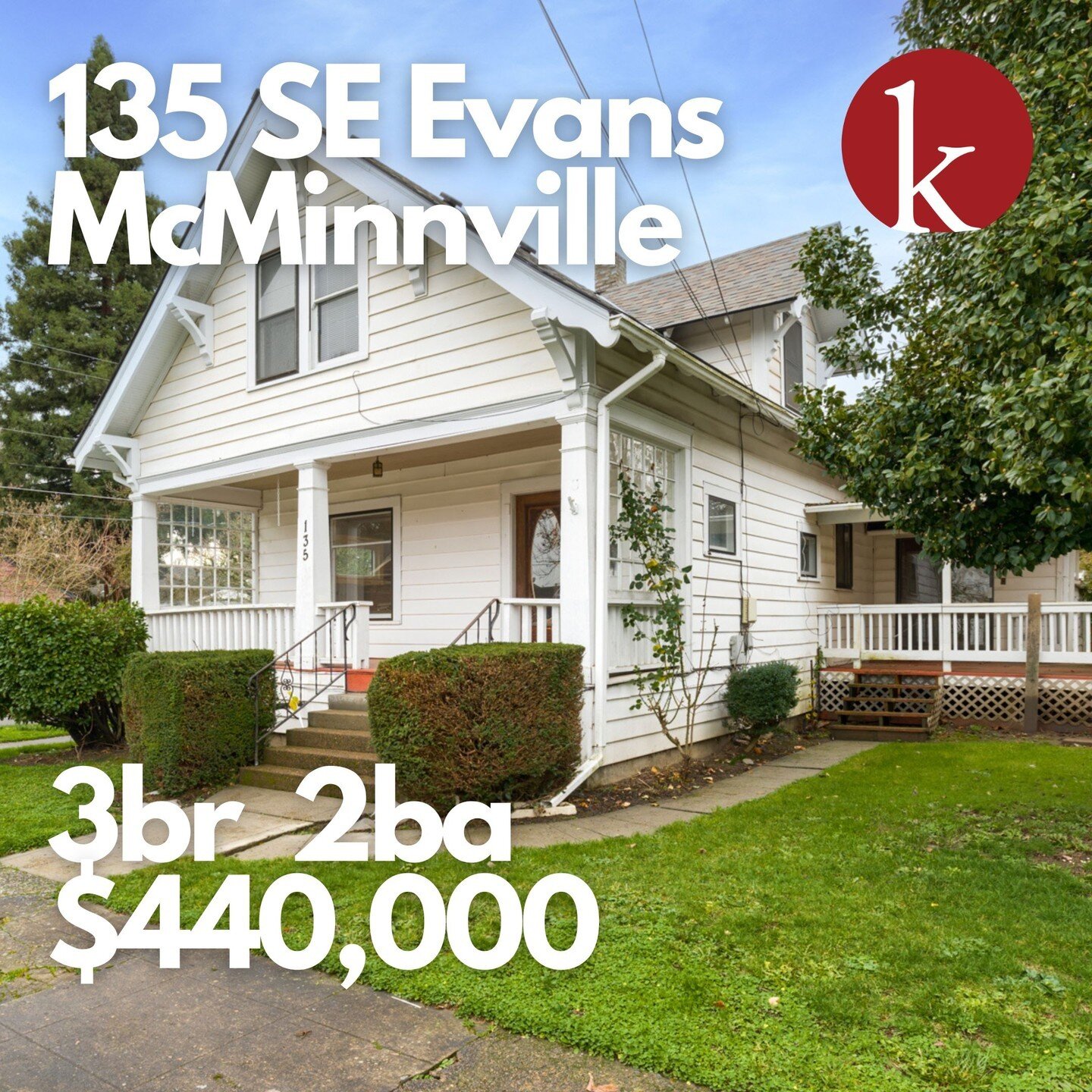 135 SE EVANS ST, MCMINNVILLE
-3br 2ba 2344sf -
ㅤ
Built in 1919 boasting original charm and architectural character. The large front porch invites you in with its classic appeal.
ㅤ
The formal living room and dining room feature hardwood floors and abu