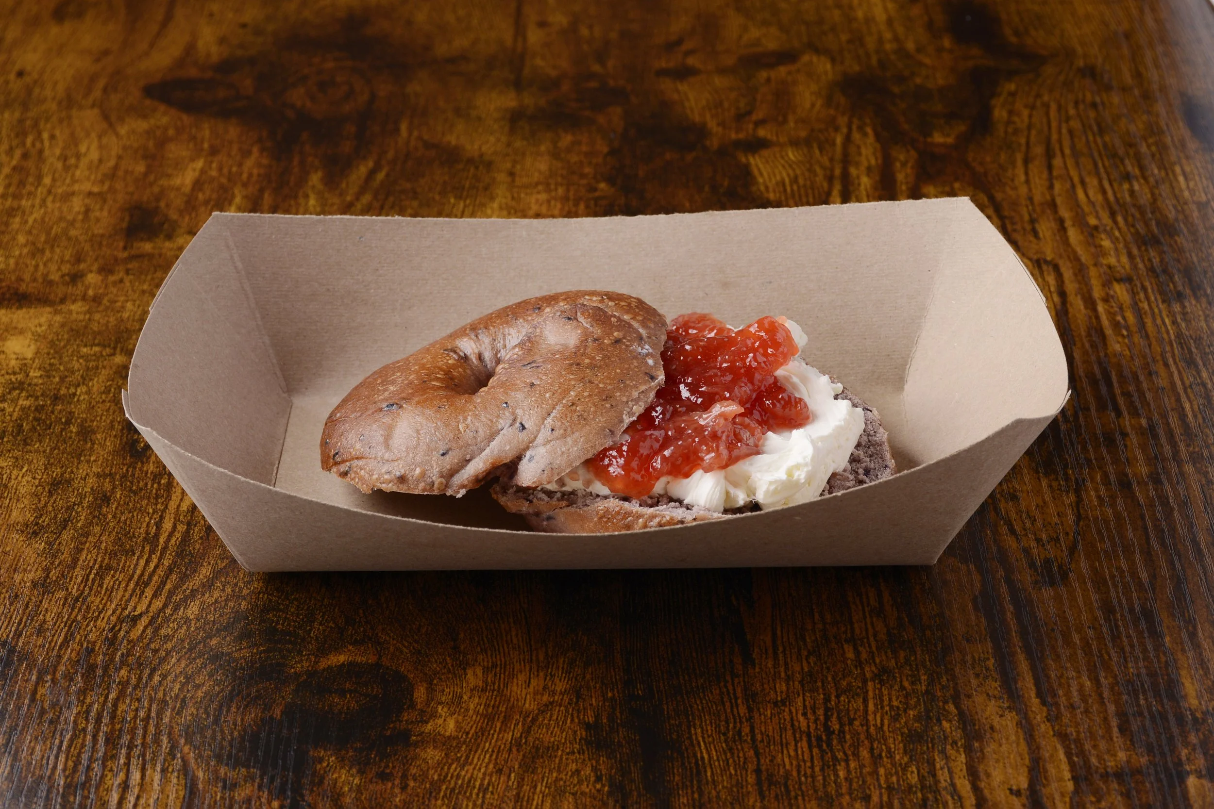 Bagel in Tray with Cream Cheese and Jam