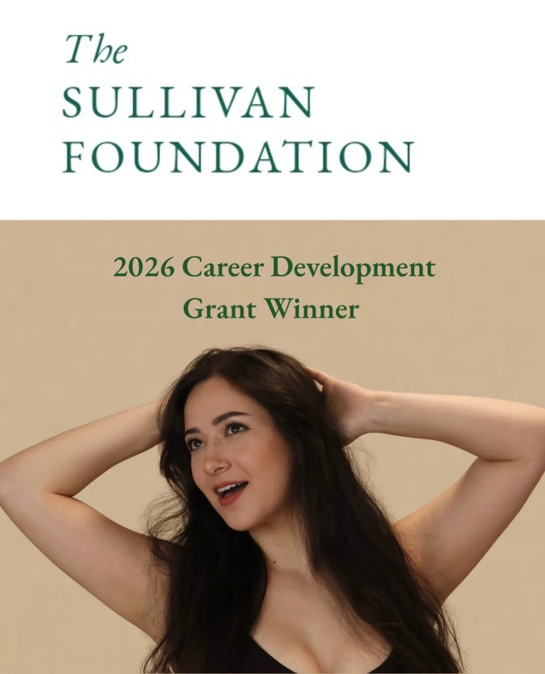 I&rsquo;m so grateful to share that I&rsquo;ve been awarded a Career Development Grant from the Sullivan Foundation! 💚
At this stage in my career, support like this is truly game-changing. Building a career in opera takes so much work, faith, and in