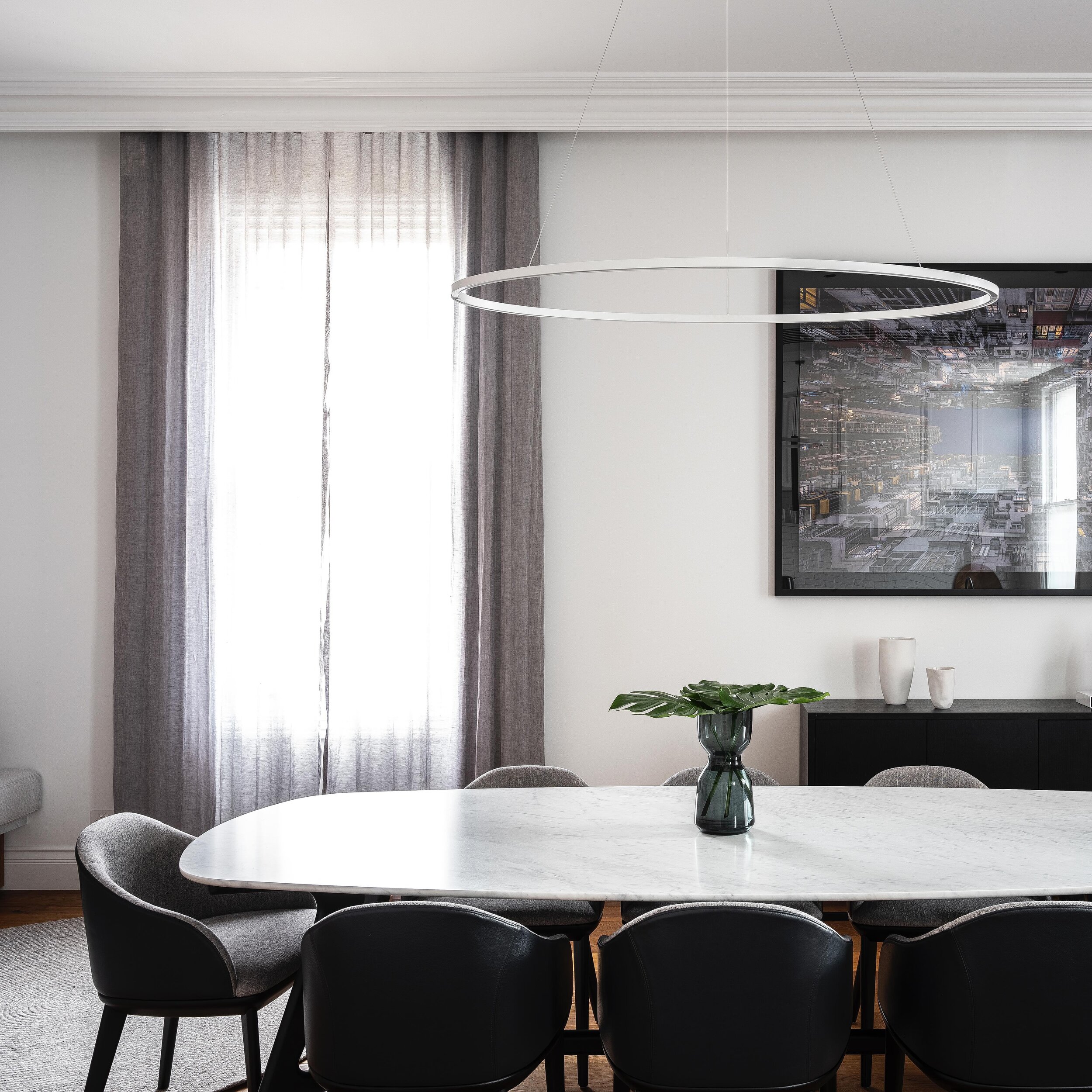 RILEY &bull; We specified a minimal modern pendant to allow our luxurious furniture selection to shine through. Sometime less is more! #InnovateInteriors
