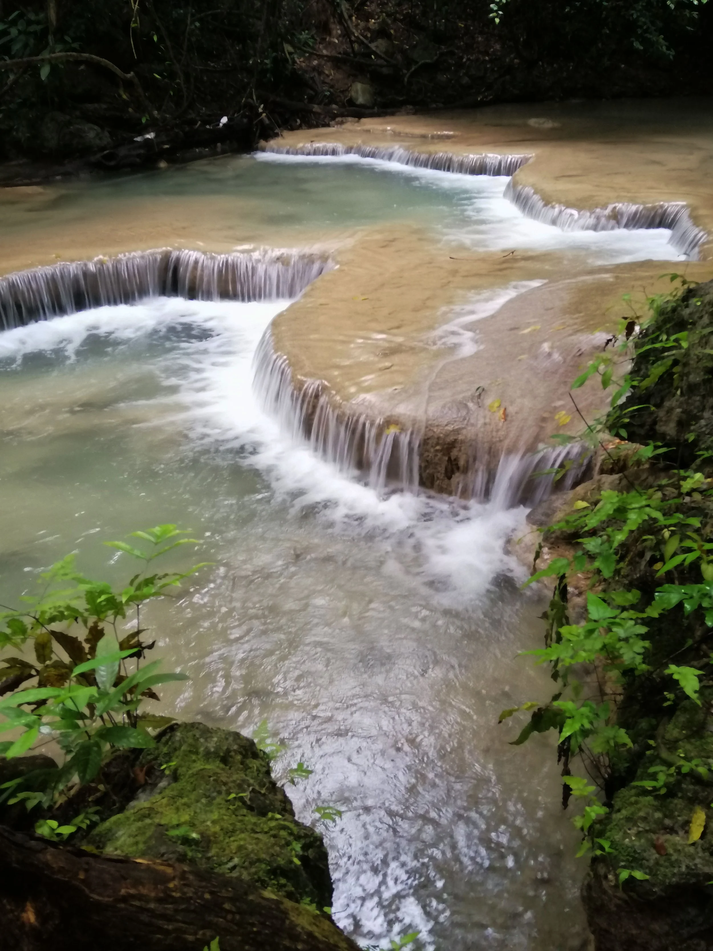 The main types of rocks found in the streams and forming the waterfalls of Erawan National Park are Permian limestone. The area is heavily karstified, meaning the water flows over, erodes, and deposits sediment on these limestone structures. 