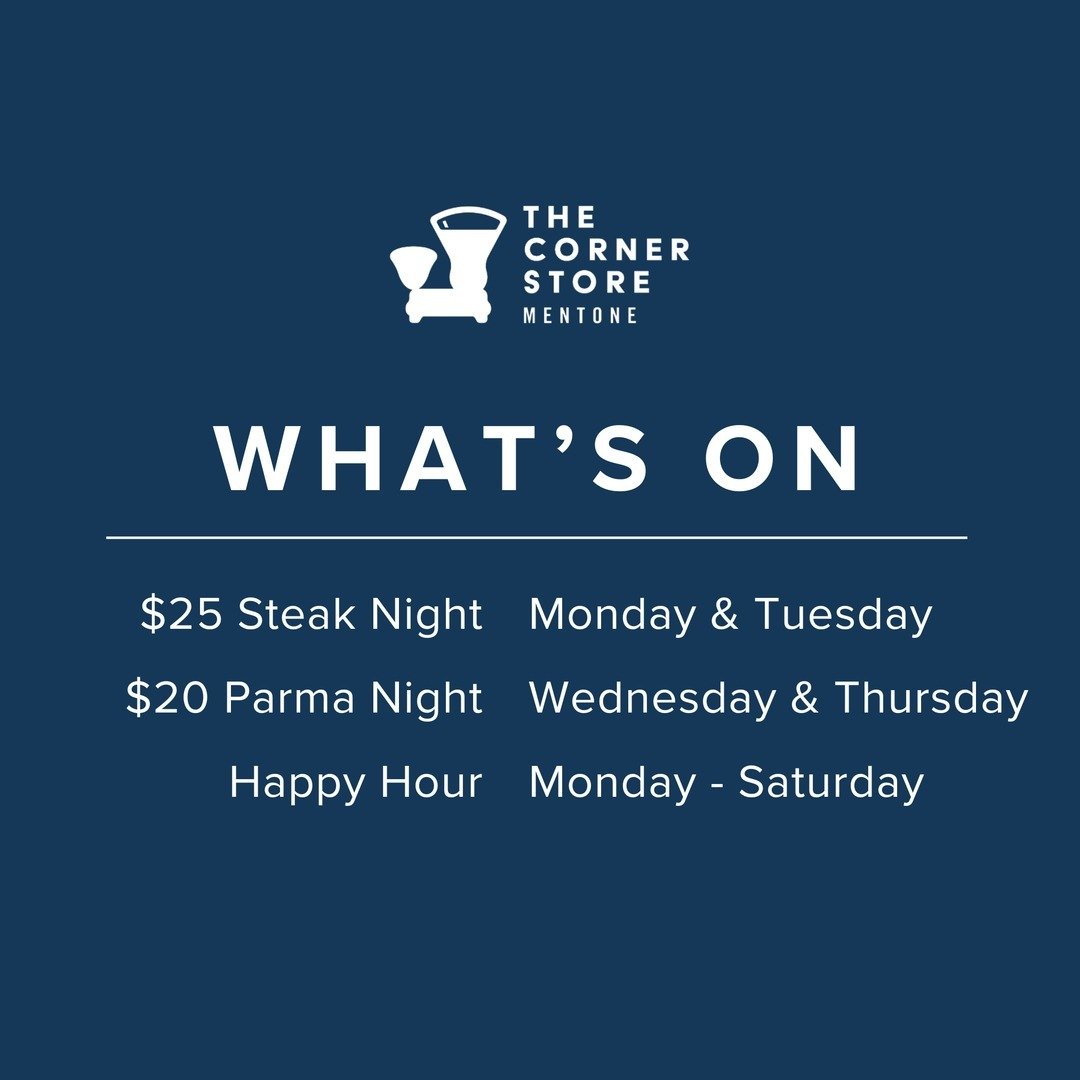 What's on at the Corner Store this week 🙌🏼

Monday &amp; Tuesday 👉 $25 steak night?!
Wednesday &amp; Thursday 👉 $20 parmas 🤤
Monday - Saturday 👉 3pm to 6pm - $6 schooners, $6 basic spirits, and $6 house wine.

What day are you choosing?!