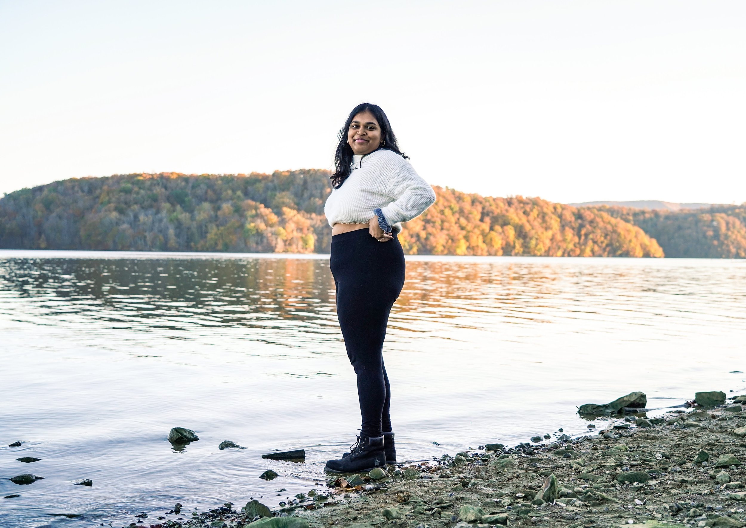 Sraavya Gudavalli, a junior at Virginia Tech, poses in front of Claytor Lake in the New River Valley. Claytor Lake is located 20 minutes from Virginia Tech's campus and is a popular destination for students.