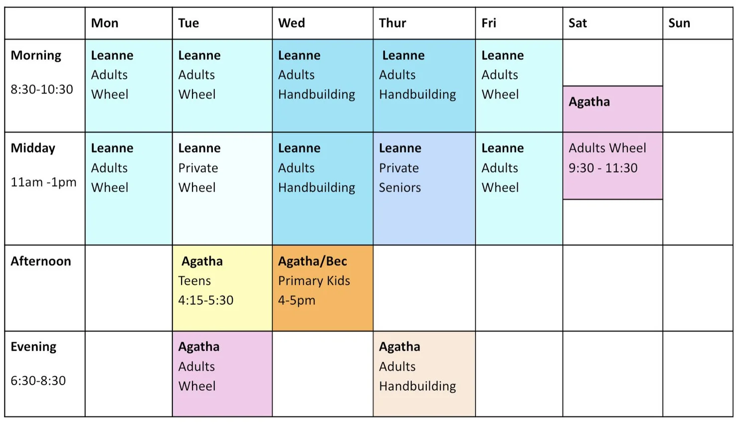 Timetable — Bondi Pavilion Clay Studio