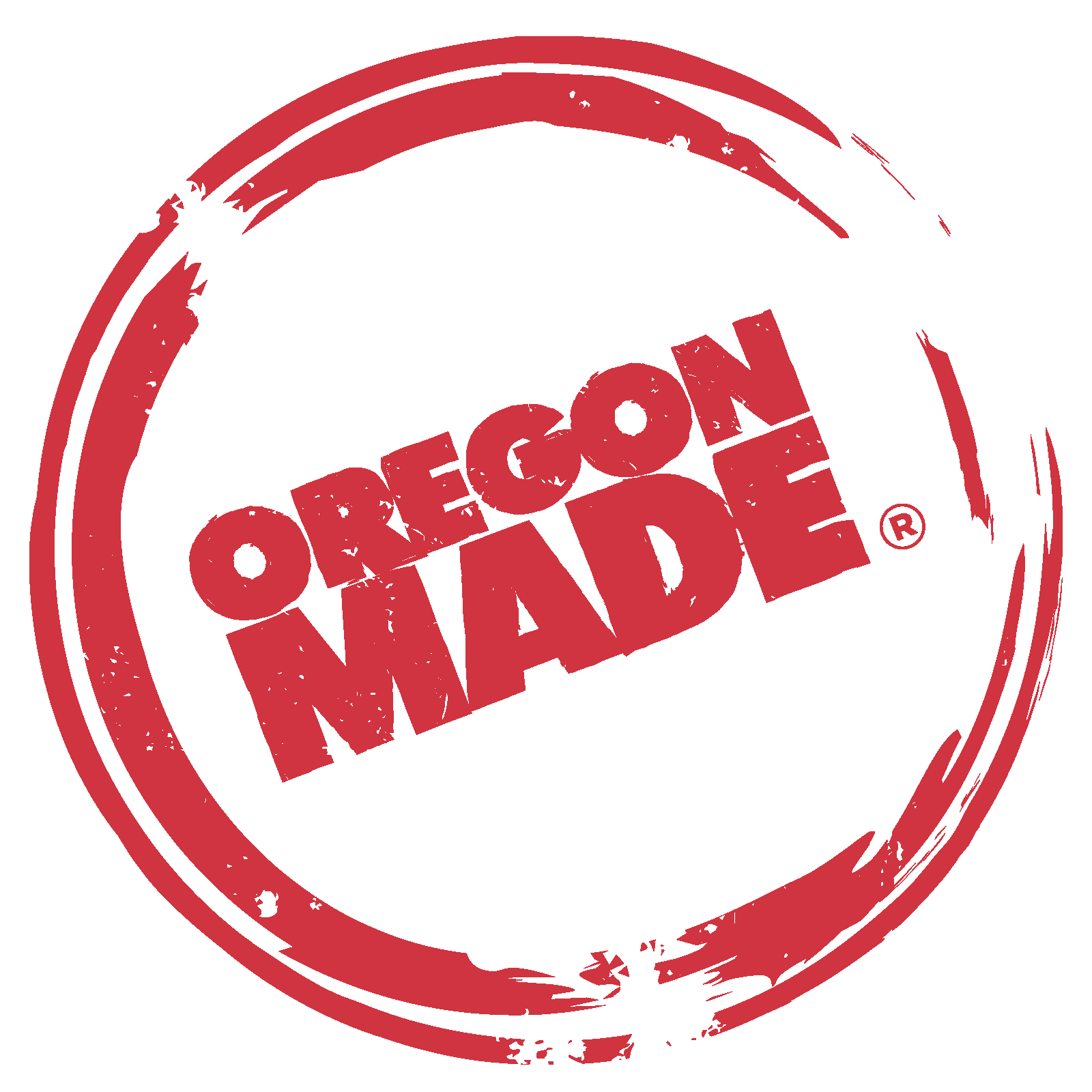 Red circular stamp with black background and the words "Oregon Made" in bold, distressed font.