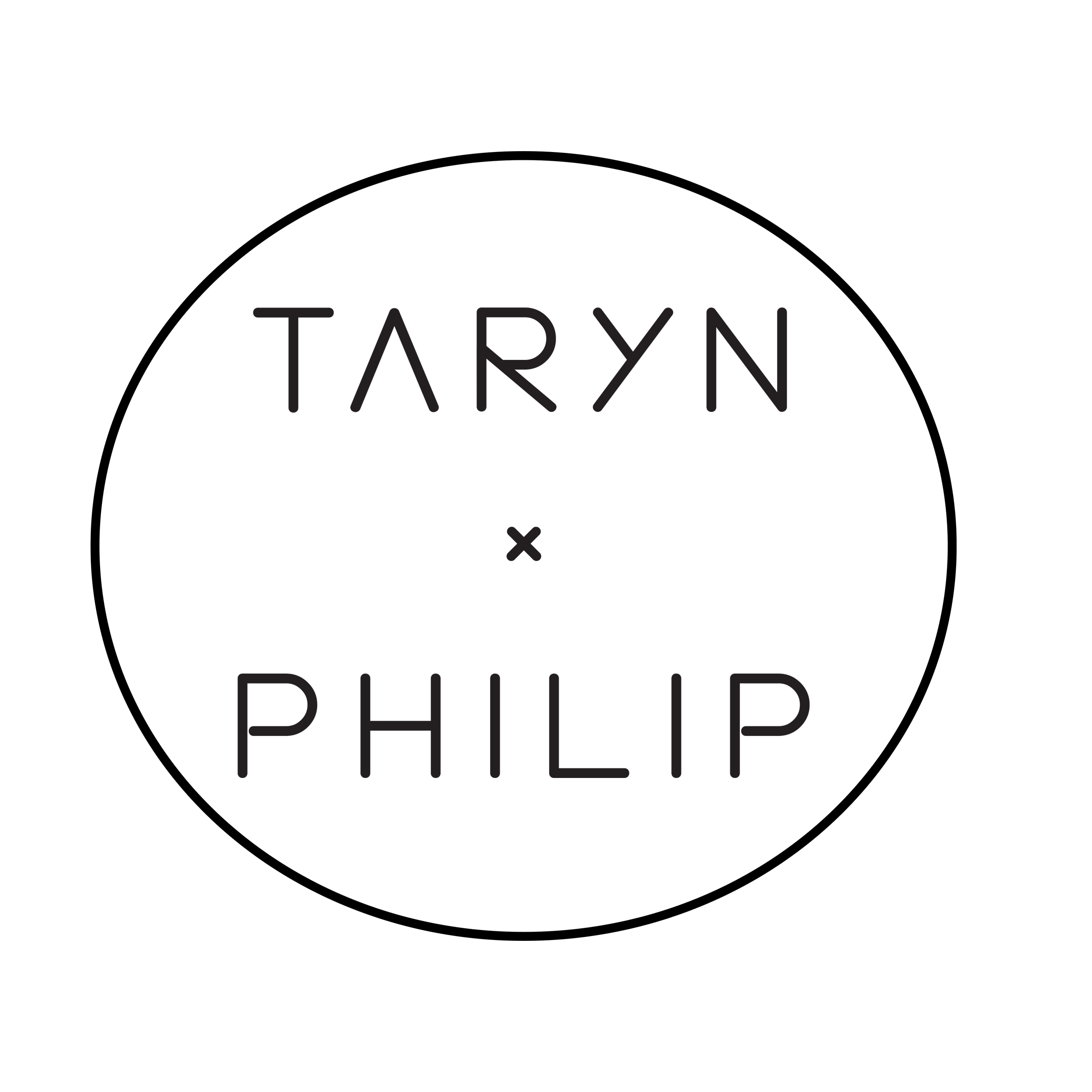 A black circular logo with the names 'Taryn' and 'Philip' written in uppercase letters inside the circle, separated by an 'x'.