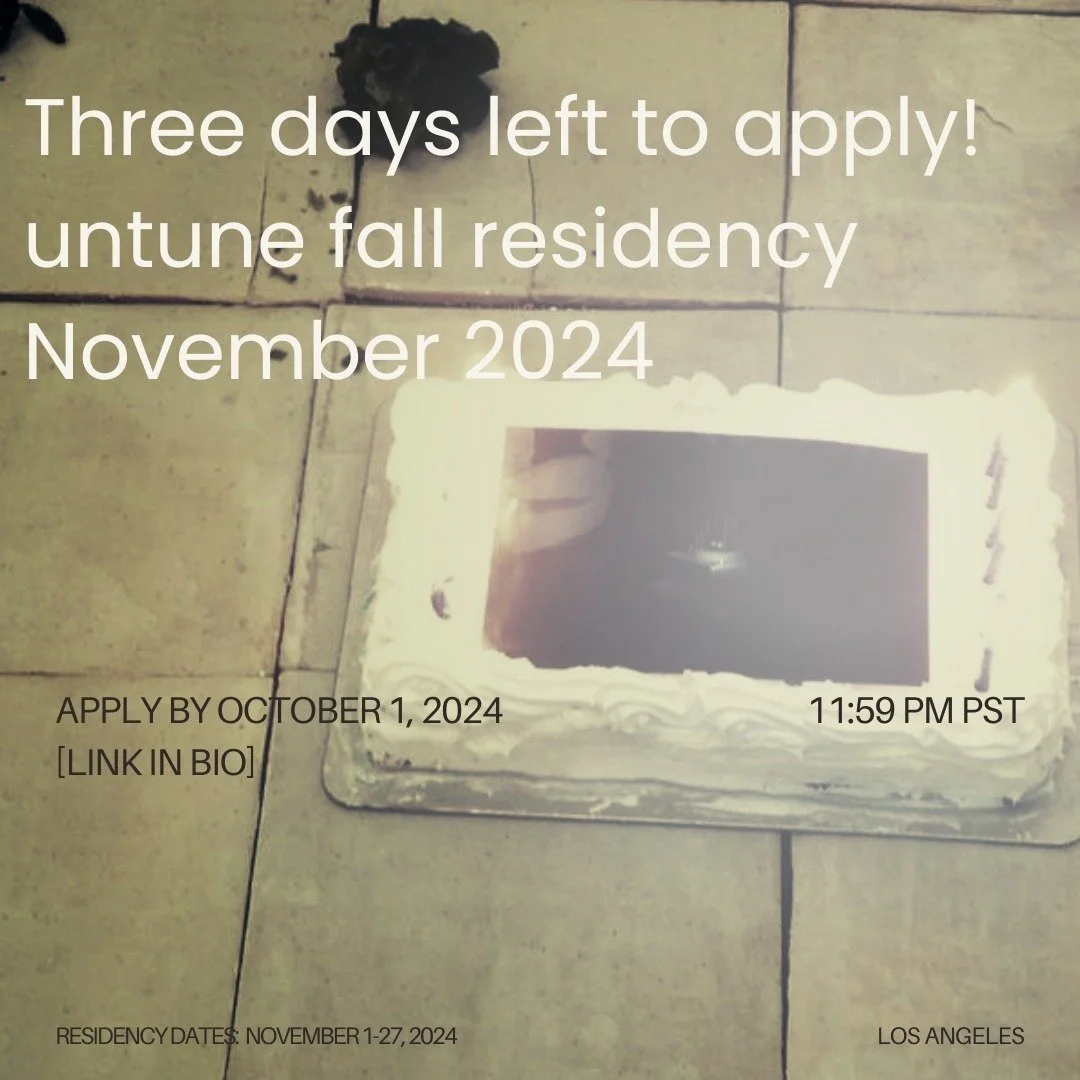 Apply by October 1, 2024 at midnight PST!

untune's second residency will be held November 1-27, 2024 and will feature field trips, programming, studio and garden space, and support for your ongoing projects. More info and application link in bio!

W