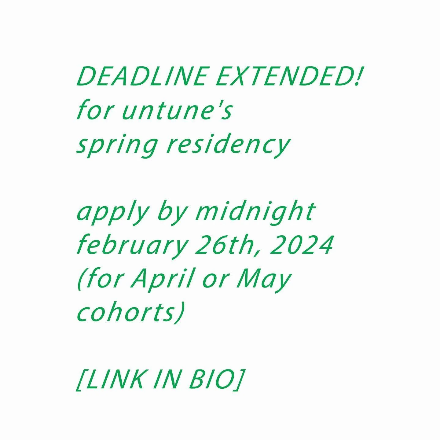 We&rsquo;ve extended the deadline for our Spring Residency to Midnight February 26th (accepting applications for either April or May cohorts). Thank you to those who&rsquo;ve already applied - we&rsquo;re excited to review your applications! 

For th