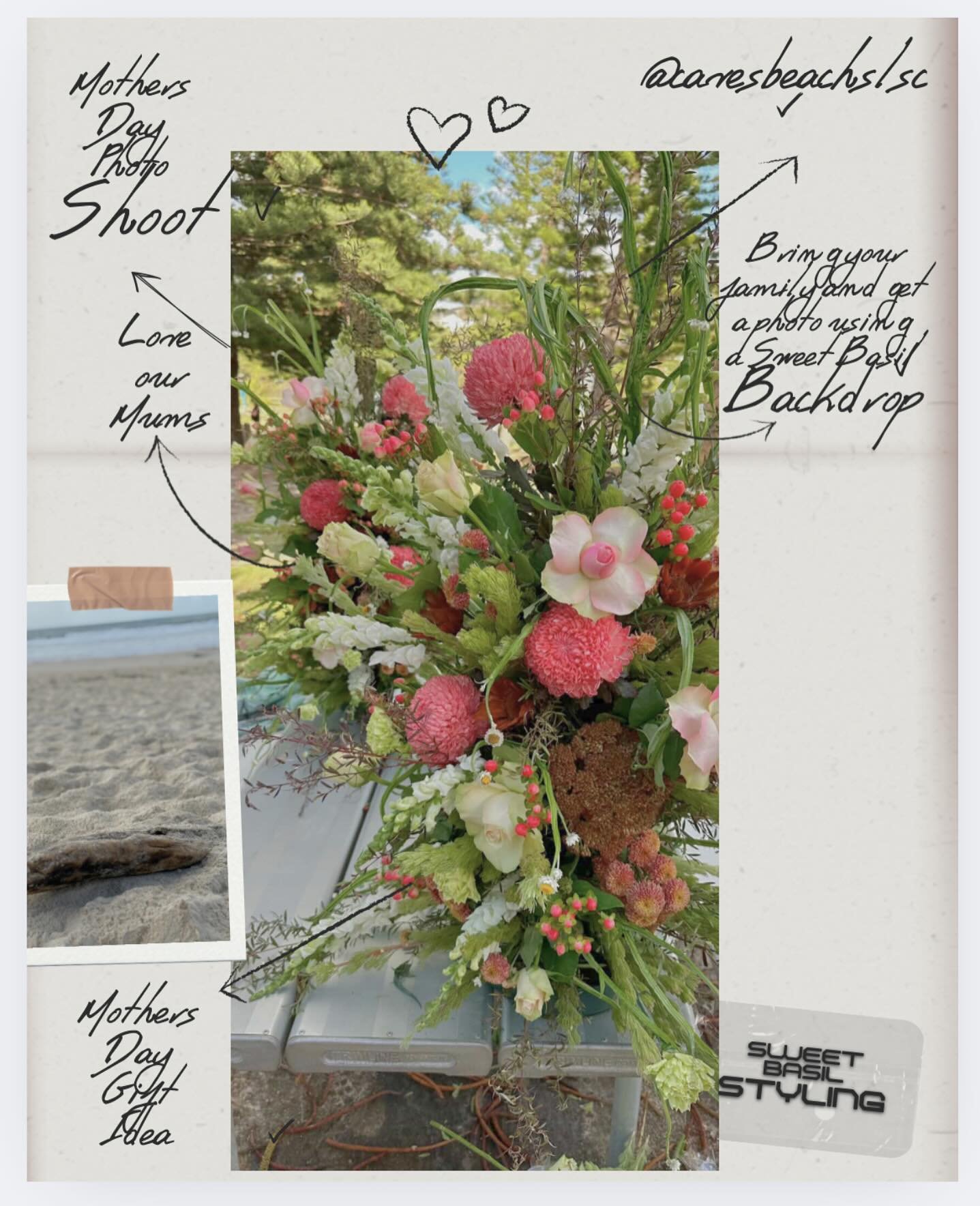 Great GIFT for MUM and its- FREE 🆓 
Come down to @cavesbeachslscevents this Saturday 10th May 9-11am and get a family, couples, individual photo done for Mothers Day! Sweet Basil Styling will create the floral posts and the gem of Caves Beach backdr