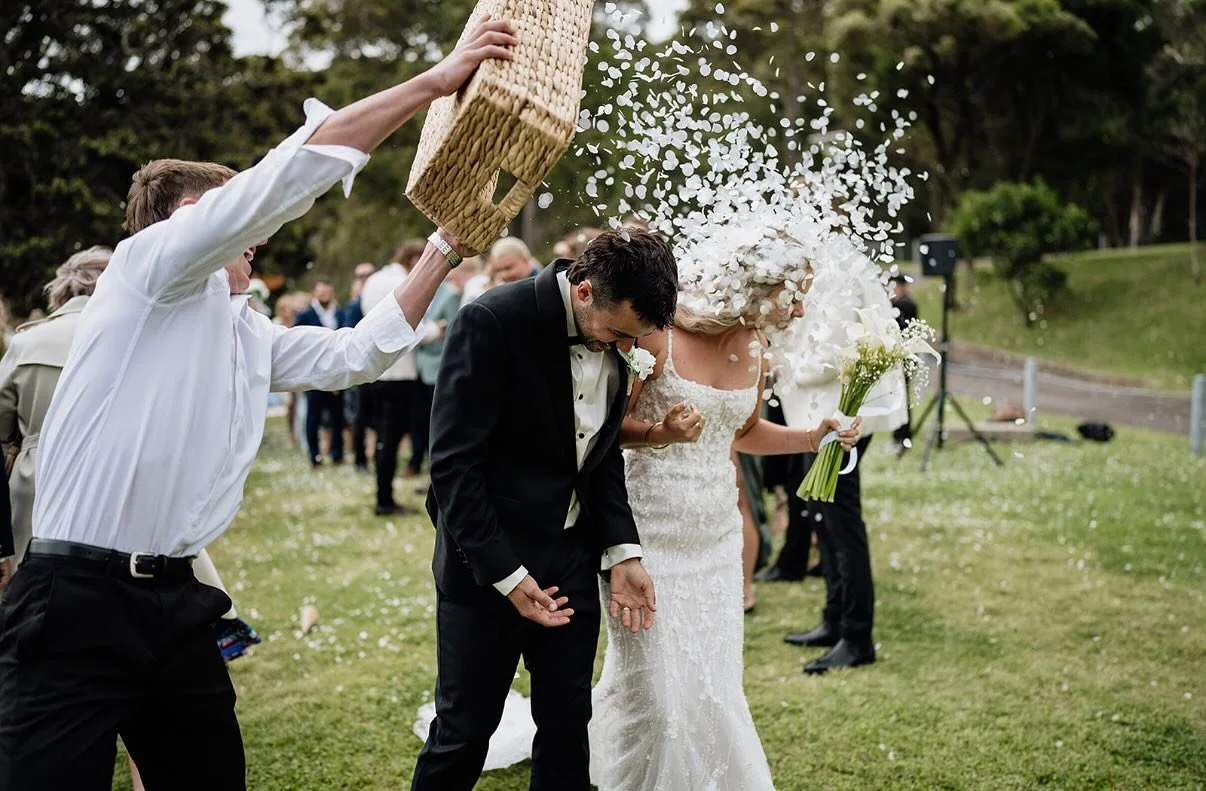 Abby and Matt&rsquo;s wedding was raining petals and we&rsquo;re here for it! 🌸💍 Nothing like a confetti shower to kick off forever #celebrant #lakemacquariecelebrant #weddingstyling #sweetbasilcelebrant #sweetbasilstyling