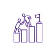 Icone avec des batons de type graphique allant vers le haut et des personnages s'aidant à atteindre leur objectif, représenté par un drapeau au sommet des batons. Représente la notion d'évolution et de soutien de la part de l'entreprise - Neomove