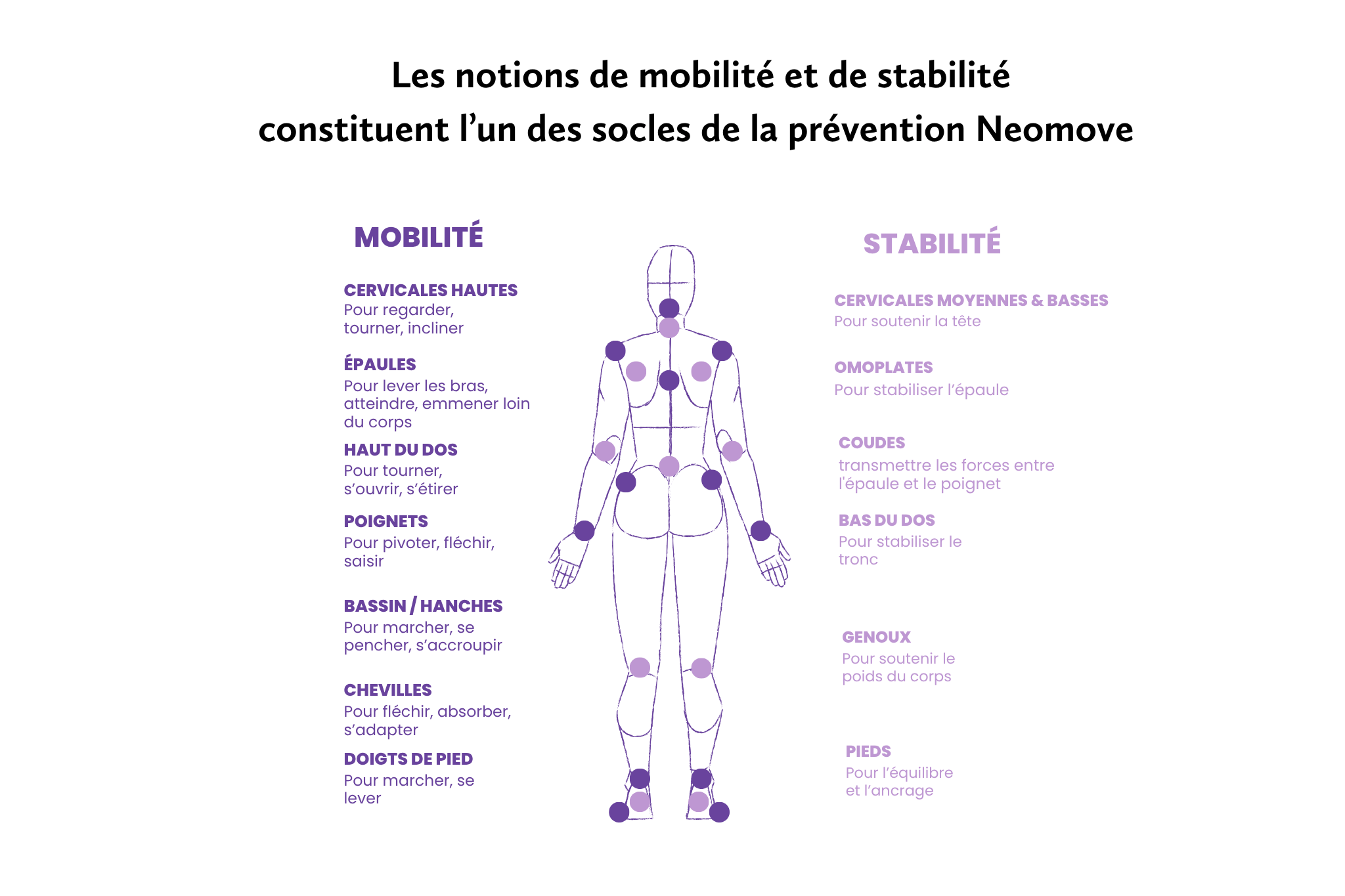 Figure humaine représentant les notions de mobilité et de stabilité constituent l’un des socles de la prévention Neomove