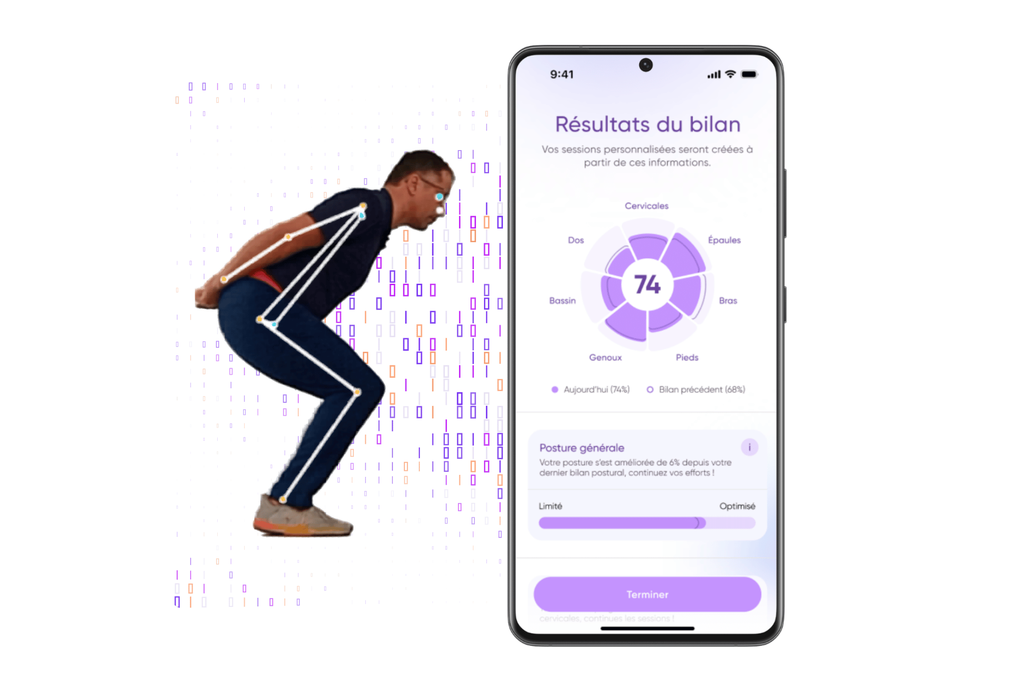 Silhouette masculine avec barres et points de mesure posturaux et de capacités de mouvements avec un écran de l'app neomove affichant les résultats par zone du corps - Neomove