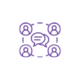 Icone représentant des personnes autour d'une bulle de discussion synonyme de partage et l'engagement via la communication - Déploiement et engagement Neomove