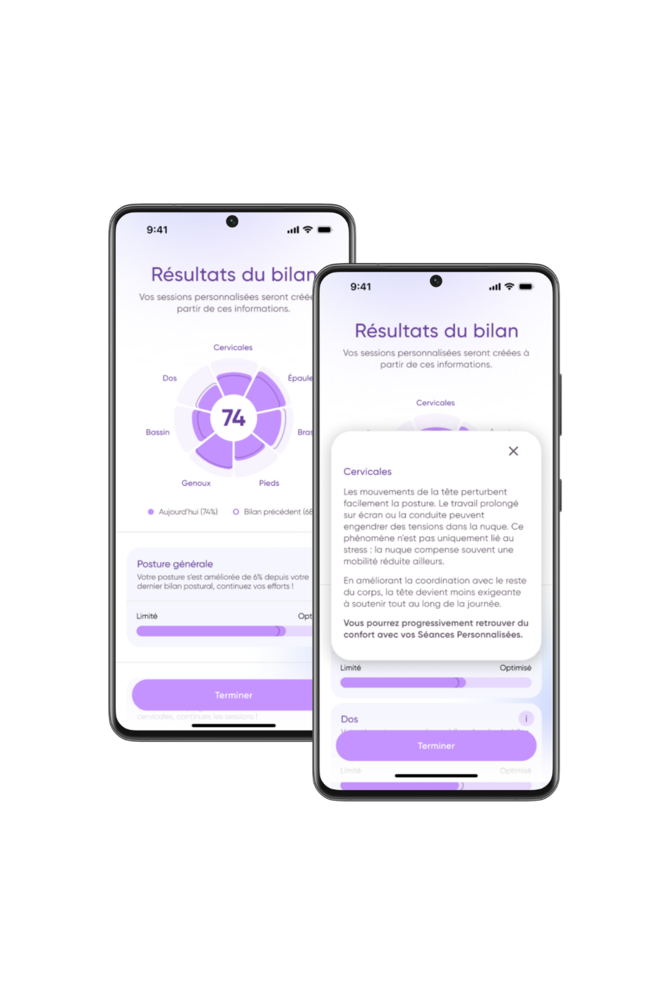 Deux écrans de l'App Neomove présentant les résultats du Bilan Postural zone par zone avec un zoom sur la zone des cervicales.