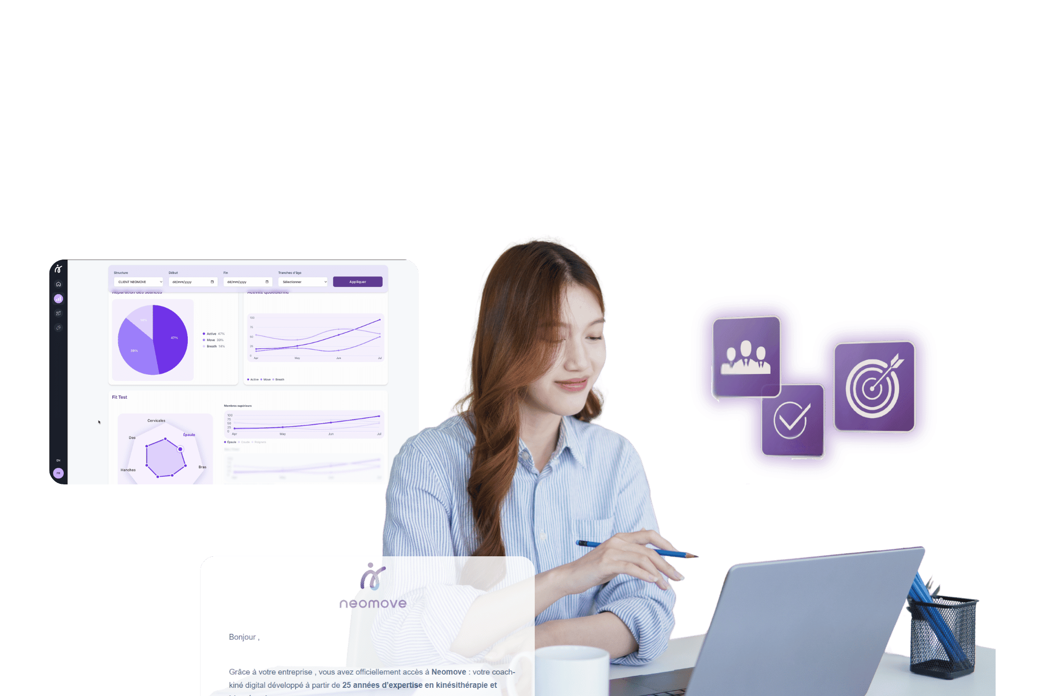RH vérifie ses statistiques biomécaniques et d'usage dans le panneau de pilotage Neomove