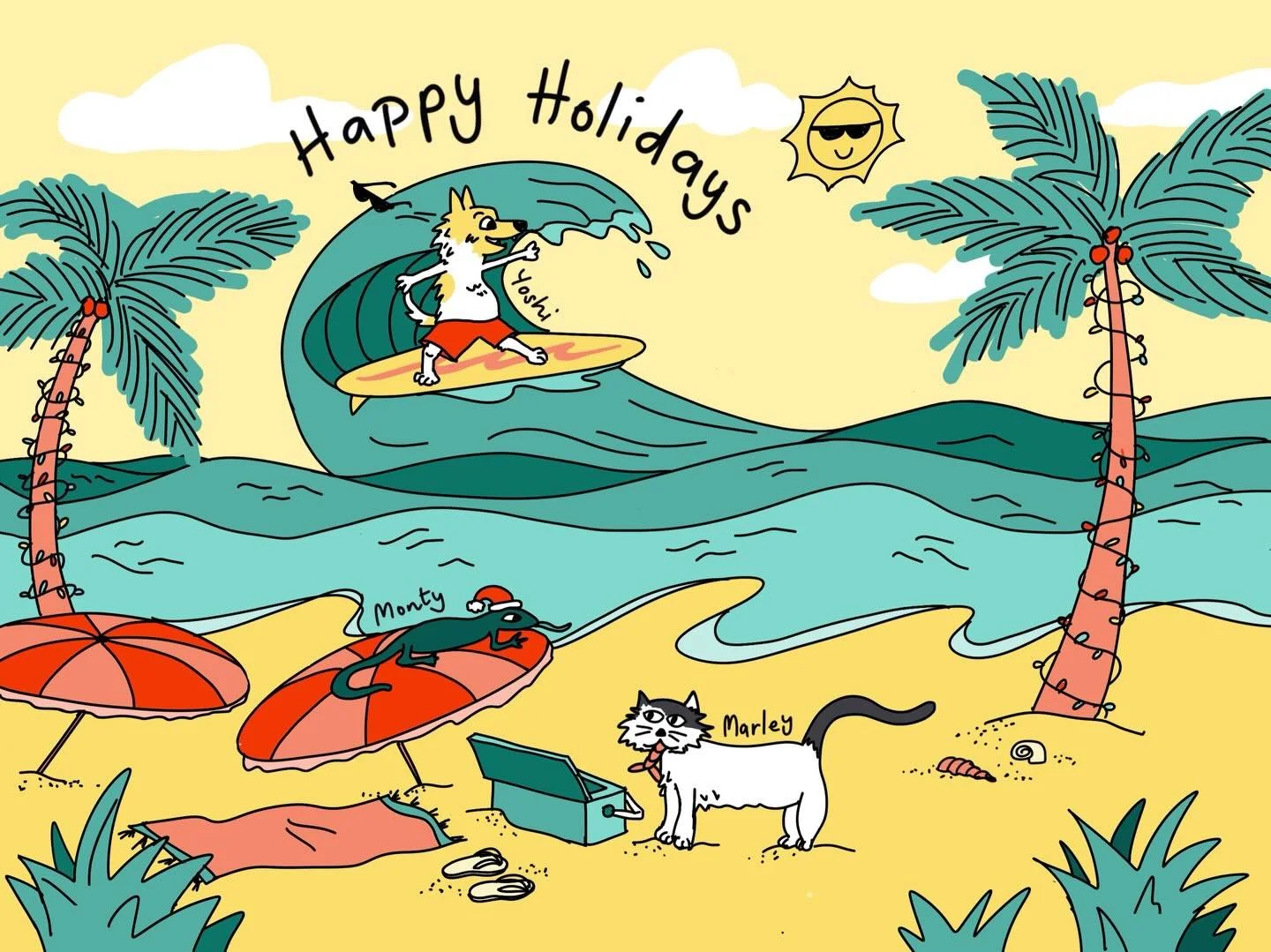 Happy Holidays!!! 🏖️🌊☀️

This years Christmas card featuring the boys (as always) 
Yoshi🐶 Marley😼 and Monty🦎

Annnnd only very recently confirmed, that Monty is actually a boy&hellip; after calling him a girl the last few years 😅 I seen his lit