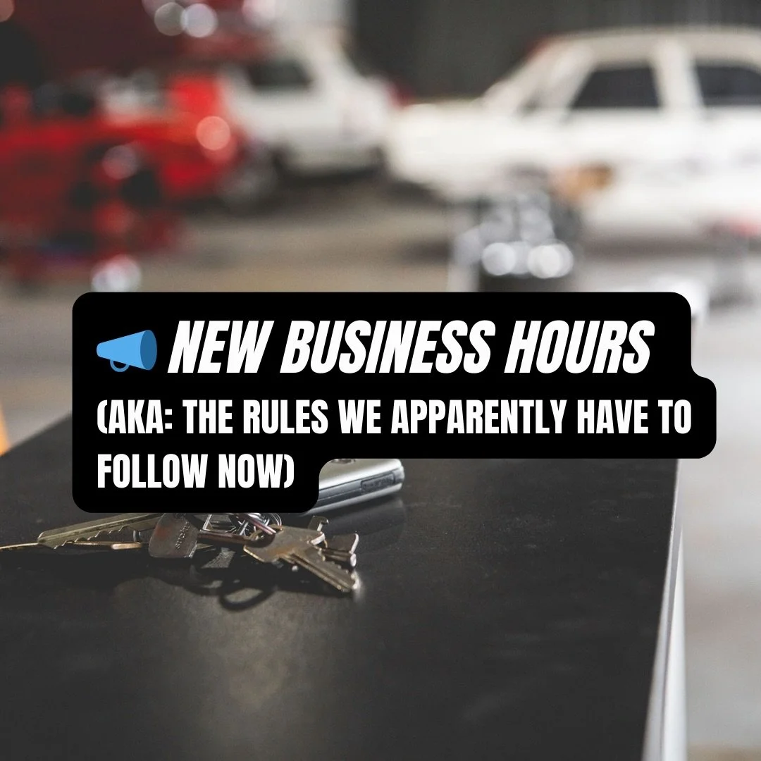 The fun police have spoken. 🚔🚨
 We&rsquo;ve been politely reminded that we&rsquo;re only allowed to make workshop noise during:
Mon&ndash;Fri: 8:30am&ndash;5:30pm Sat: 9am&ndash;12pm Sun: absolutely not.

So yep &hellip; no more late-night sessions