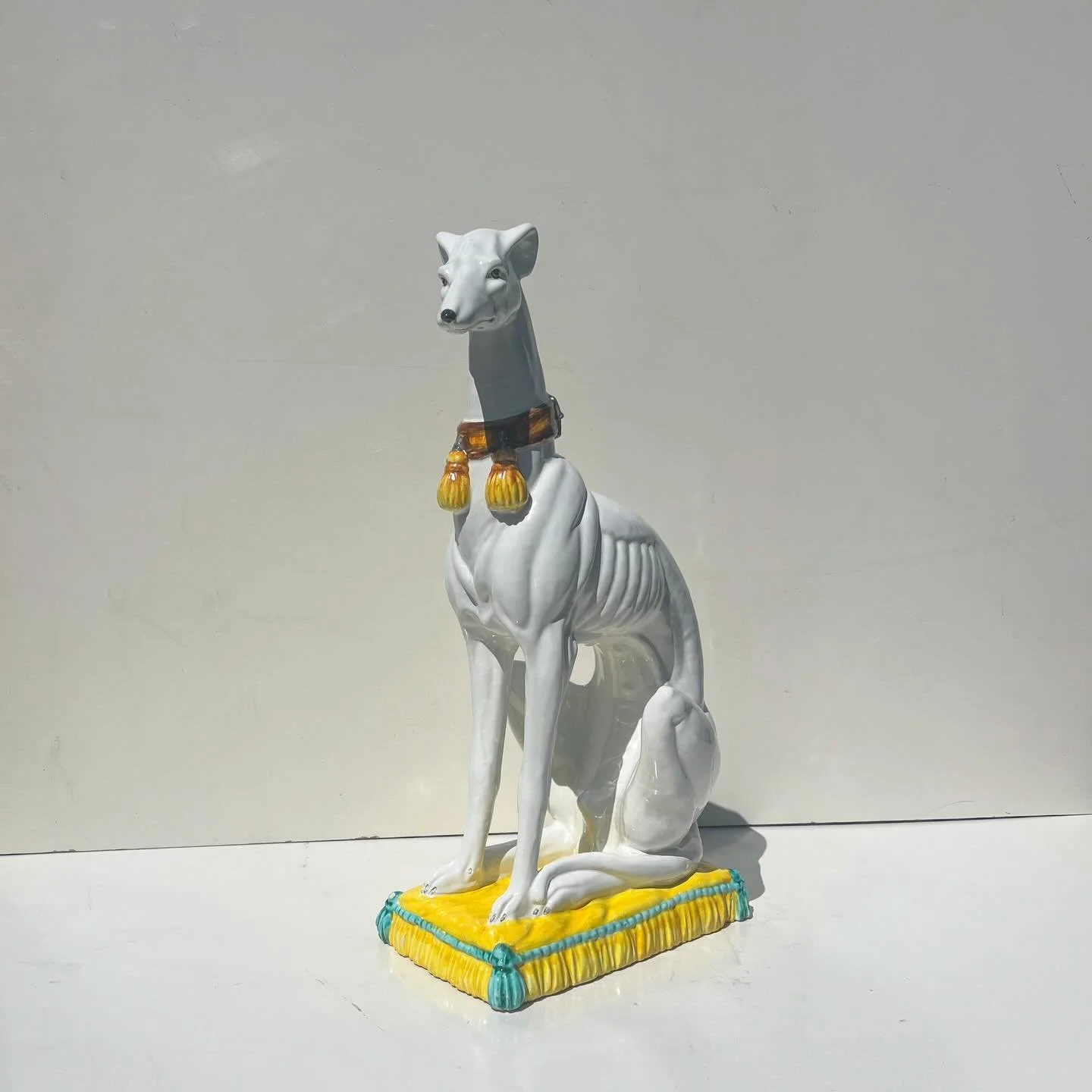 Vintage Italian ceramic greyhound 🤍
Seated on a cushion base with decorative collar detail.

Elegant form. Strong scale.
Made in Italy.

&bull; 55 cm tall
&bull; Good vintage condition
&bull; Two small chips 

Available now - $395 
Pickup Pascoe Val