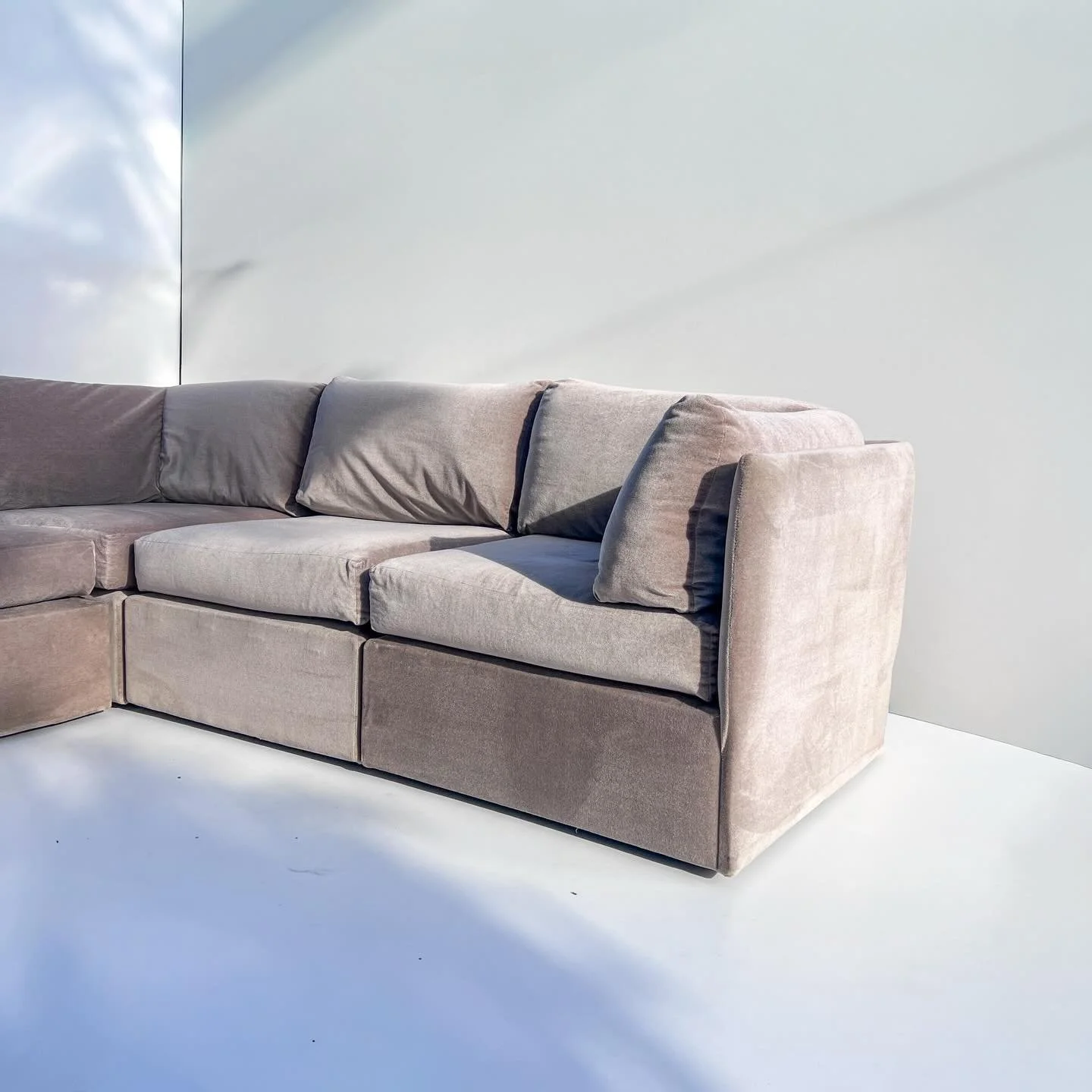 Vintage five piece modular sofa
Silvery grey velvet-style fabric

Soft, sculptural lines with a low, generous profile &mdash; designed to be reconfigured to suit your space.

&bull; Six individual modular pieces
&bull; Luxe velvet-style upholstery
&b