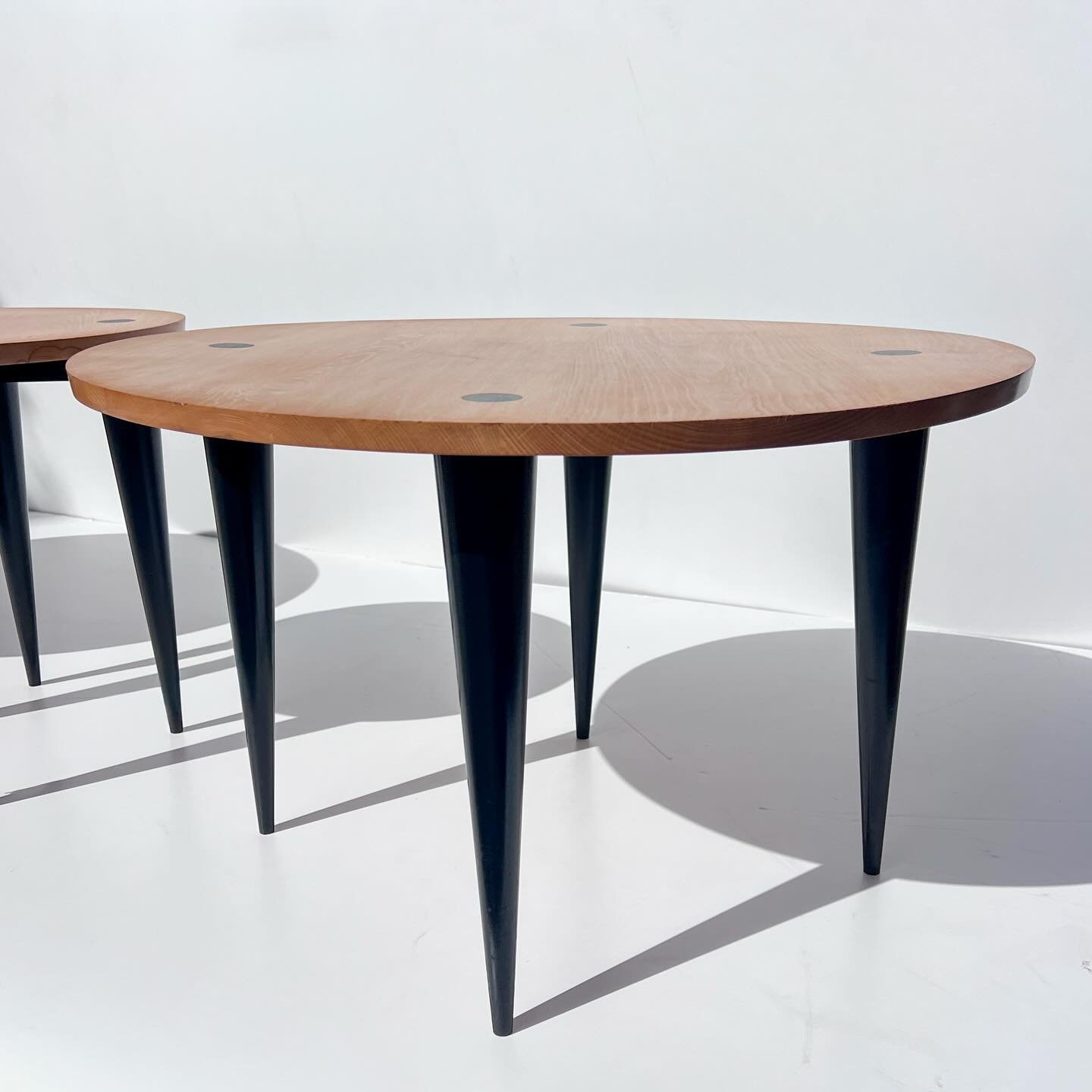 Locally made side tables, attributed to Planet Furniture

Solid European beech tops, freshly refinished, sitting on sharp conical legs &mdash; almost stiletto-like to the floor

3 &times; large (75 &times; 47h) &mdash; $495 each
1 &times; small (50 &