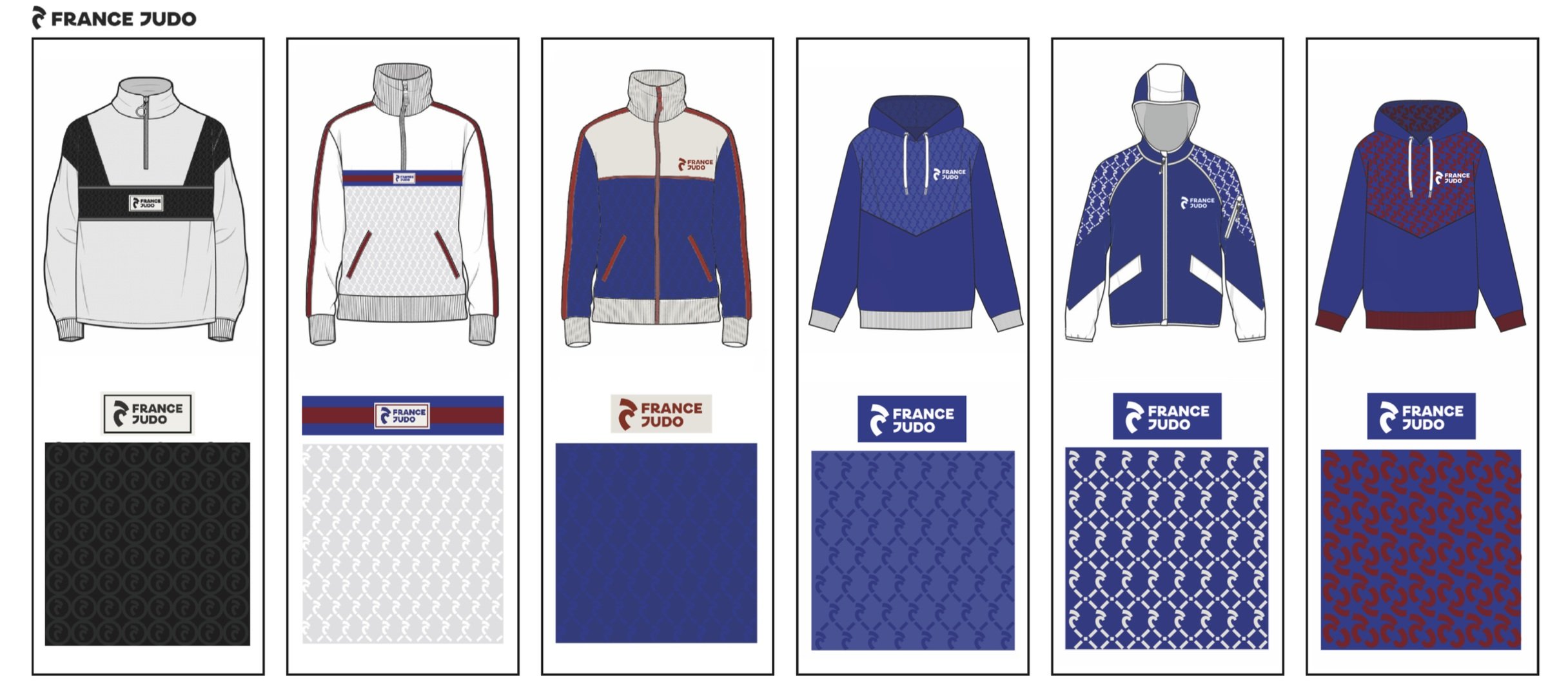 Pour la Fédération Française de Judo j'ai du créer des imprimés à partir de leur logo, et revoir le design des vêtements pour leur donner un aspect plus moderne tout en restant dans un univers sportif avec une gamme de couleur imposé.