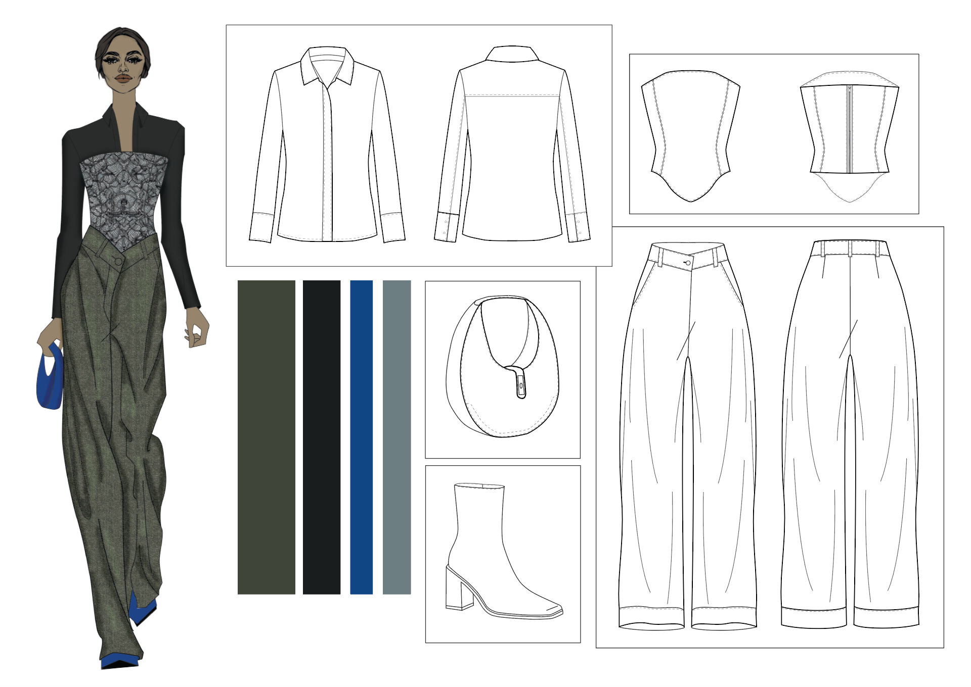Ceci est un extrait de travaux exécutés par Daphné pour une marque de prêt à poter haute gamme.
À partir d'un mood bord et d'une gamme de couleurs imposées par la marque, Daphné devait créer une proposition de plusieurs looks en gardant l'ADN et en