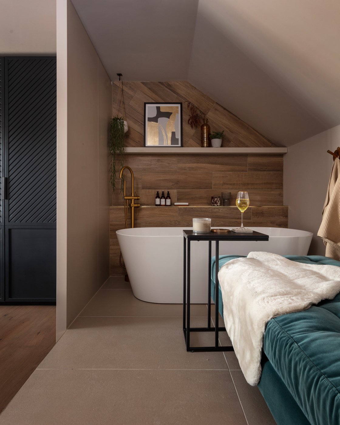 open plan bedroom and bath, wooden floor and wall covering, newcastle, northumberland, renovation.jpg