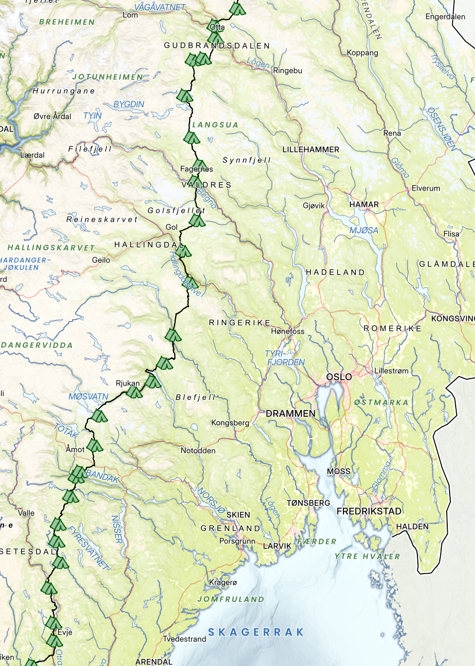 Utsnitt av Østlandet med ruteeksempel. Kartet demonstrerer detaljnivå og muligheter for personlige tilpasninger.