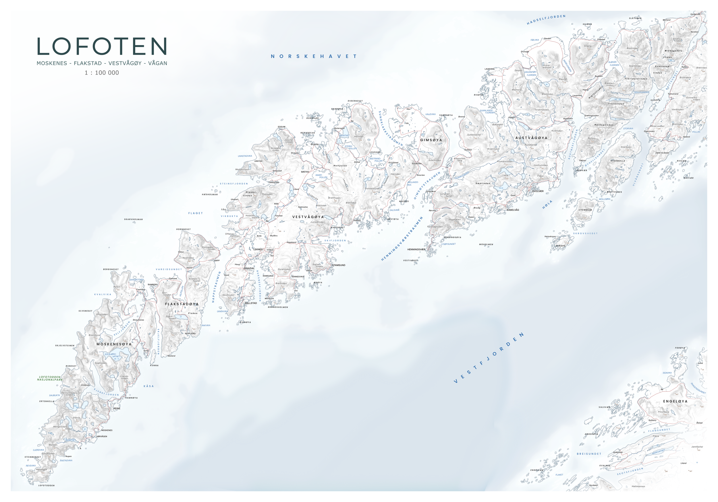 Minimalistisk kart over Lofoten med rene flater og dempet fargebruk.