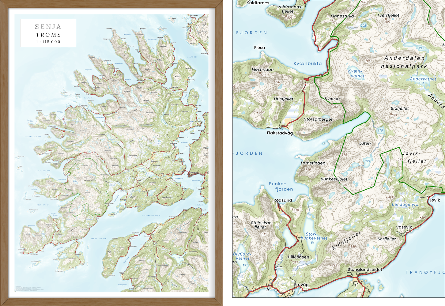 Dekorativ kartplakat over Senja i topografisk retrostil, målestokk 1:115 000 – nostalgisk fargevalg med detaljer for kartelskere.