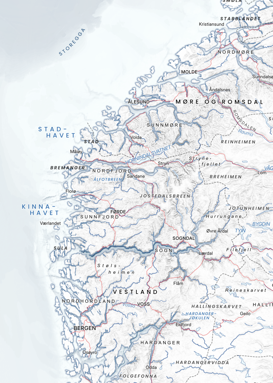 Utsnitt av Vestlandet. Fjorder og øyer antydet med enkle linjer og myke overganger.