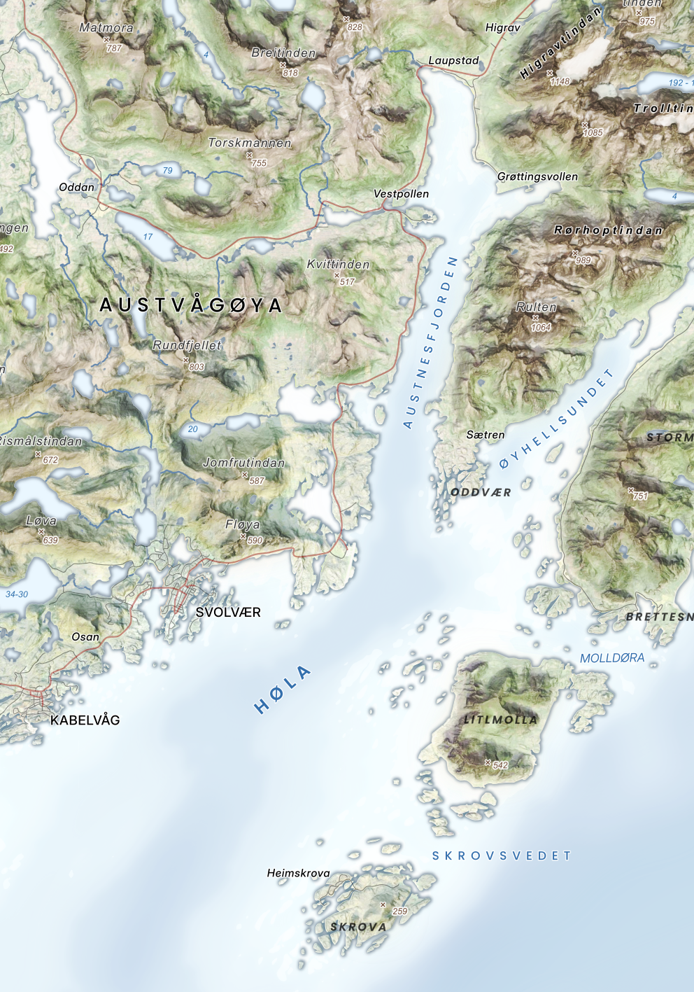 Deler av Vågan og Austvågøya – Kabelvåg og Svolvær i klar og energisk kartstil.