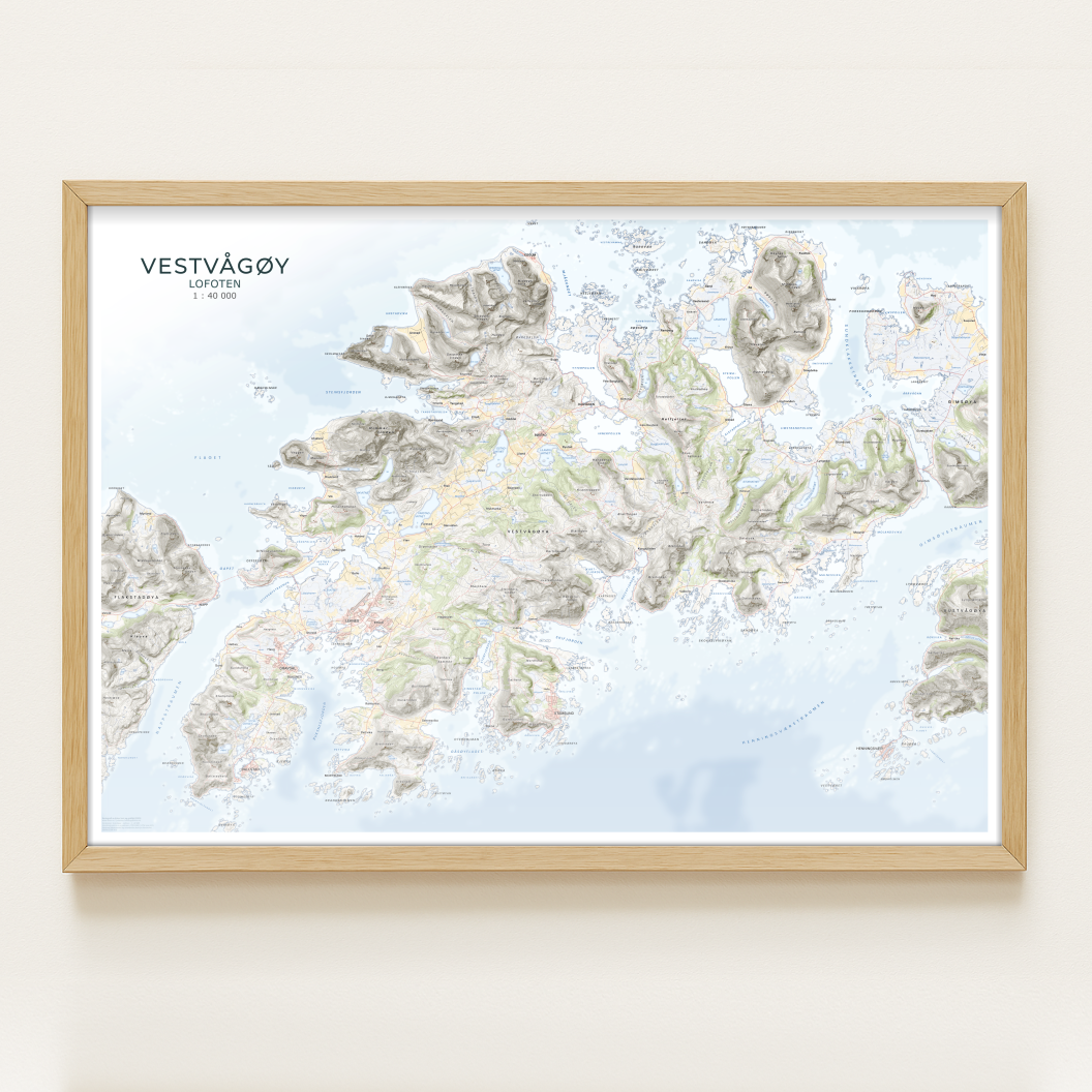 Kart over Vestvågøy i retro-inspirert fargepalett med tydelig fjellskygge.