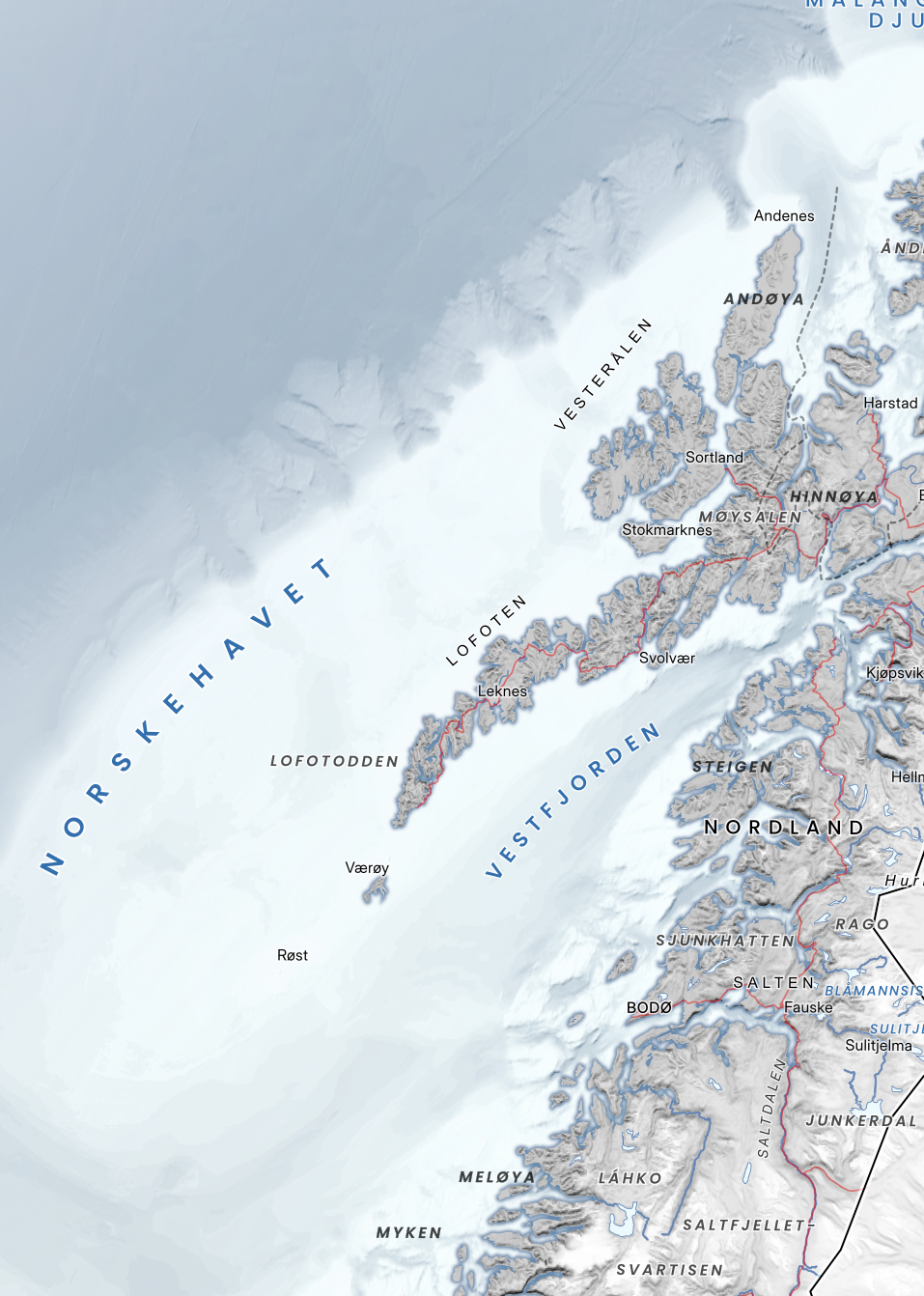 Utsnitt av Nordland fra Norgeskart – Elegant. Delikat kartstil med fine linjer, stedsnavn og balansert kontrast.