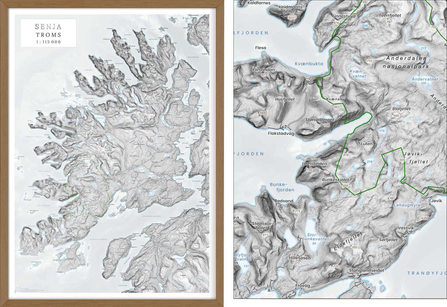 Elegant veggkart over Senja i stilren utførelse, målestokk 1:115 000 – dempede farger og grafisk ro gir et minimalistisk og stilrent uttrykk.