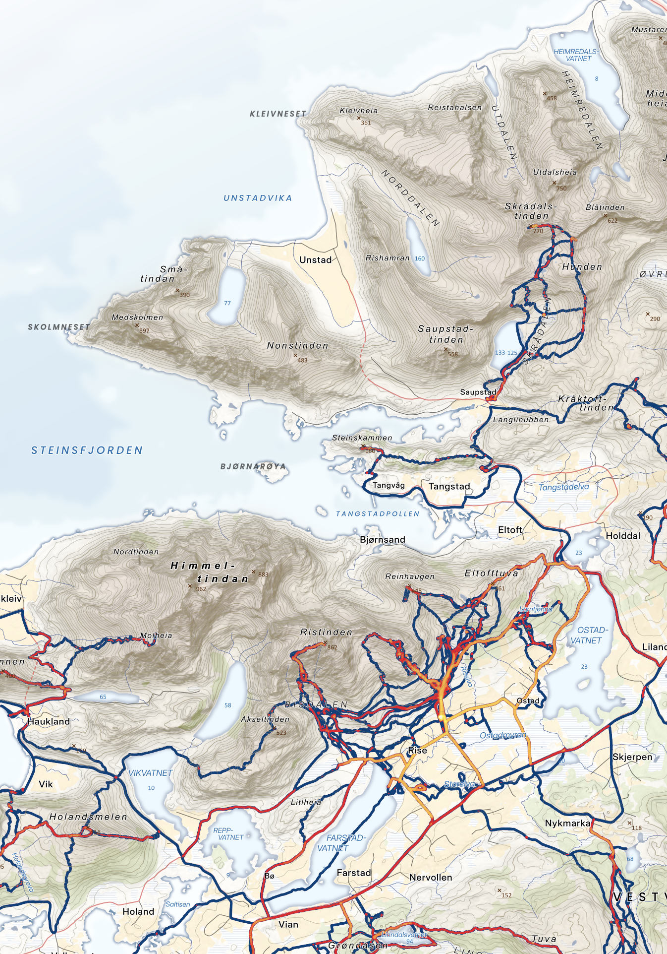 Nordøstlige Vestvågøy – Unstad, Himmeltindan, og Steinsfjorden med Strava-inspirert visualisering. Kartet kan tilpasses etter kundens egne GPS-data og ønsker.